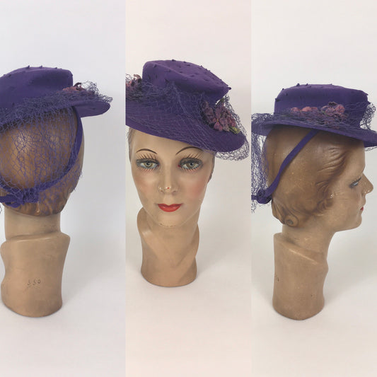 Original 1940’s SENSATIONAL Cadbury Purple Felt Topper Hat - With Cutwork Detailing, Millinery Flowers and Veiling