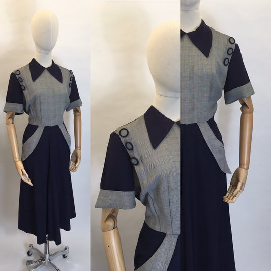 Original 1940's Stunning Navy & Check Dress - Killer Collar & Button Detailing