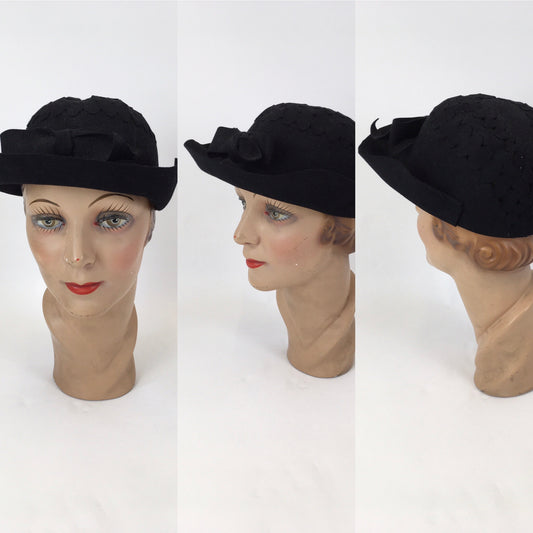 Original 1930’s Exquisite Black Hat with Cutwork Detailing & Bow - By ‘ Swan & Edgar Piccadilly ‘