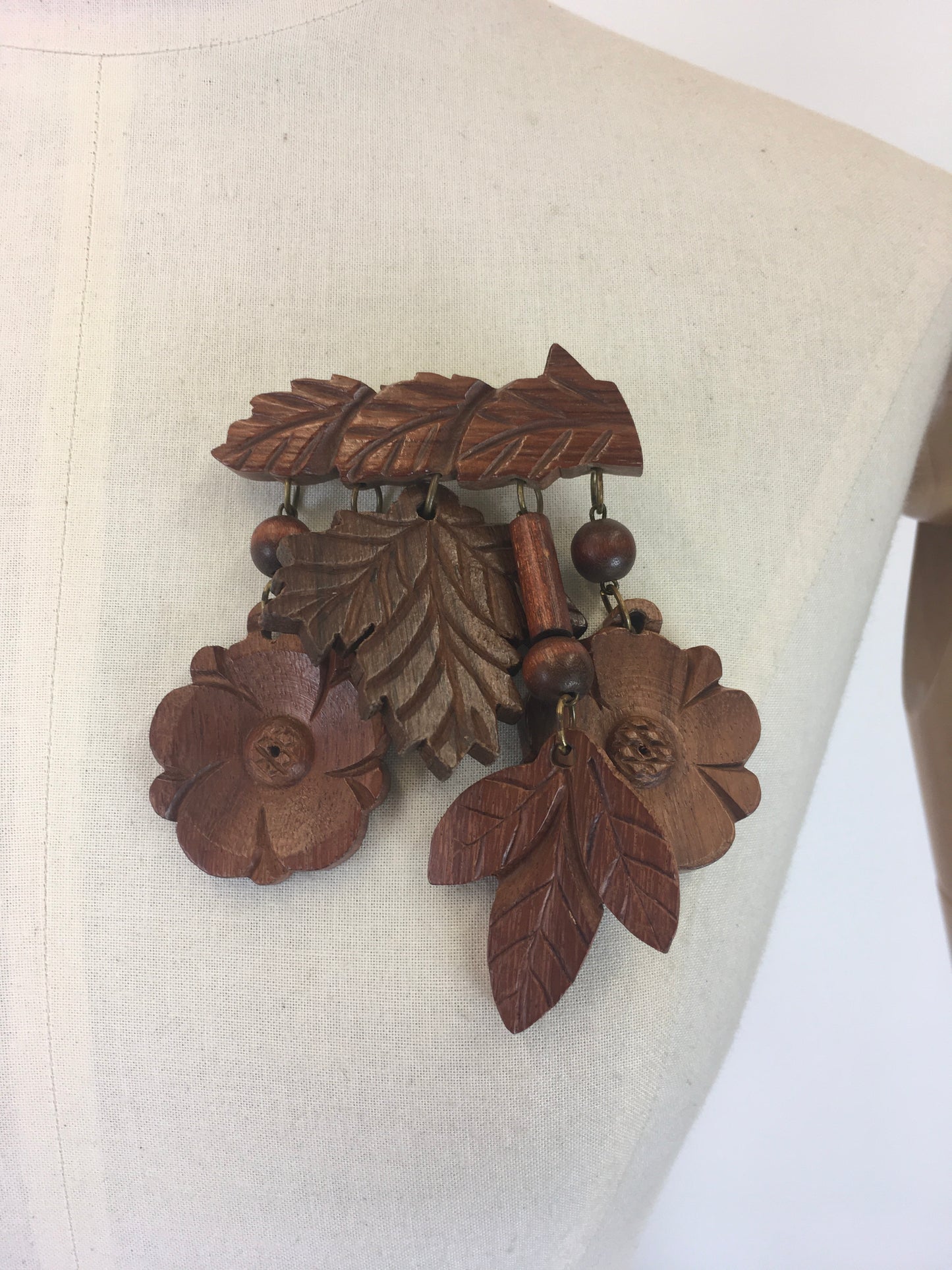 Original 1940’s Huge Autumnal Wooden Brooch - With Carved Leaves and Florals