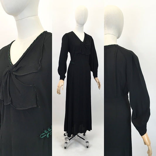 Original 1930's Sensational Evening Dress in Sheer Crepe - In Inky Black with Bottle Green Accents