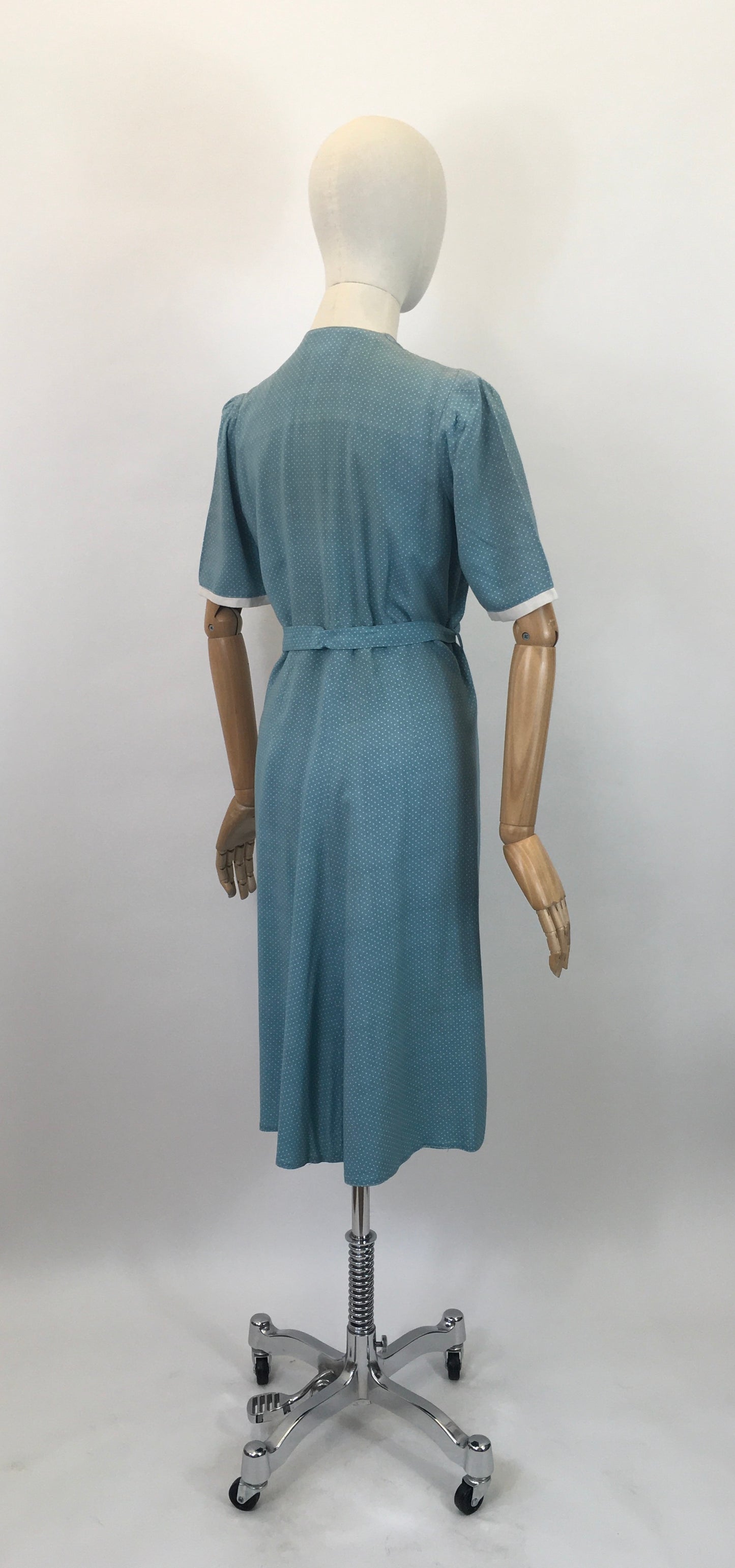 Original 1940's Stunning CC41 Utility Day Dress - In A Darling Duck Egg Blue Polka Dot