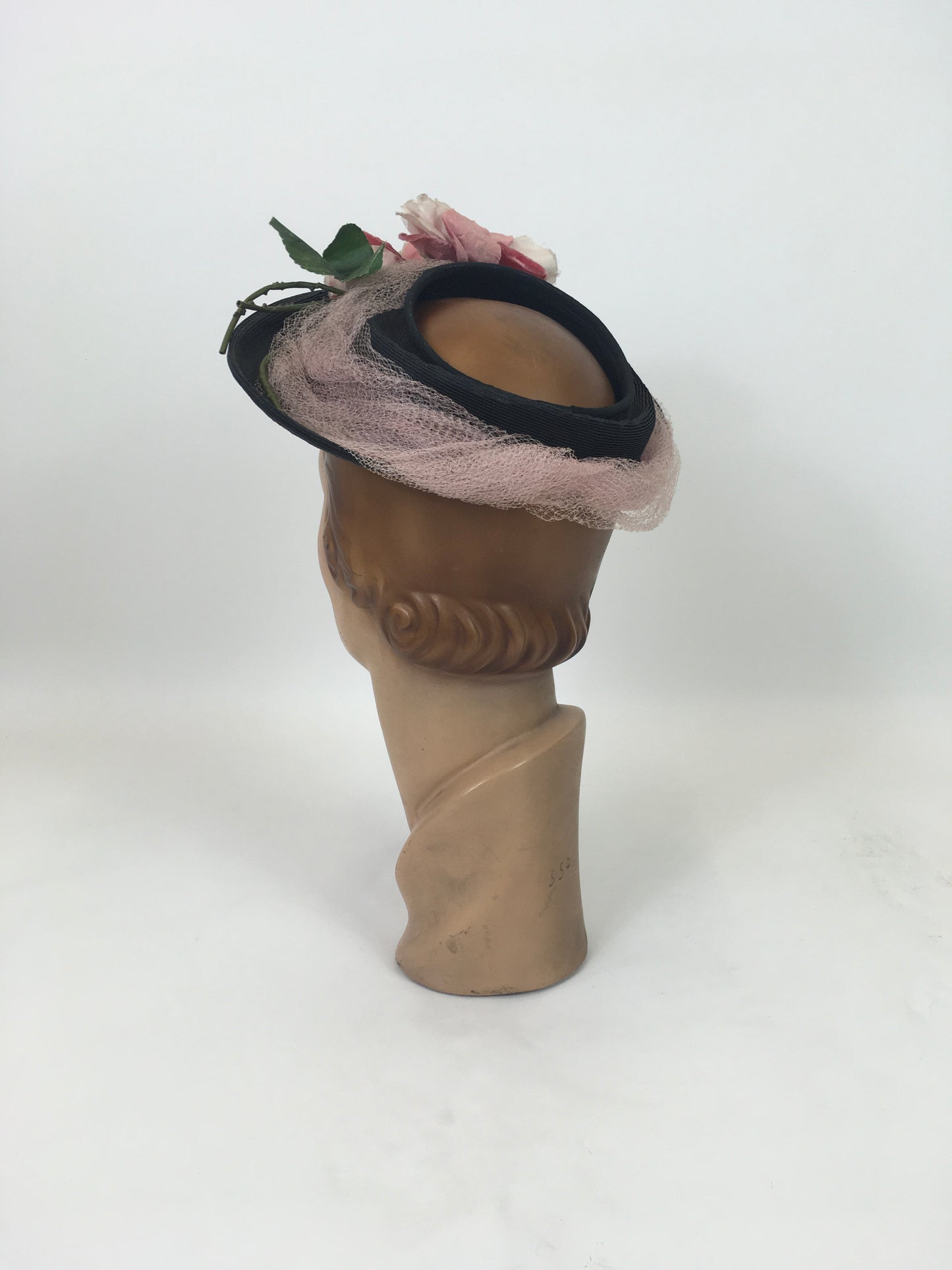 Original 1930's / 1940's Open Crown Hat - In Black with Original Floral Velvet Millinery Adornments