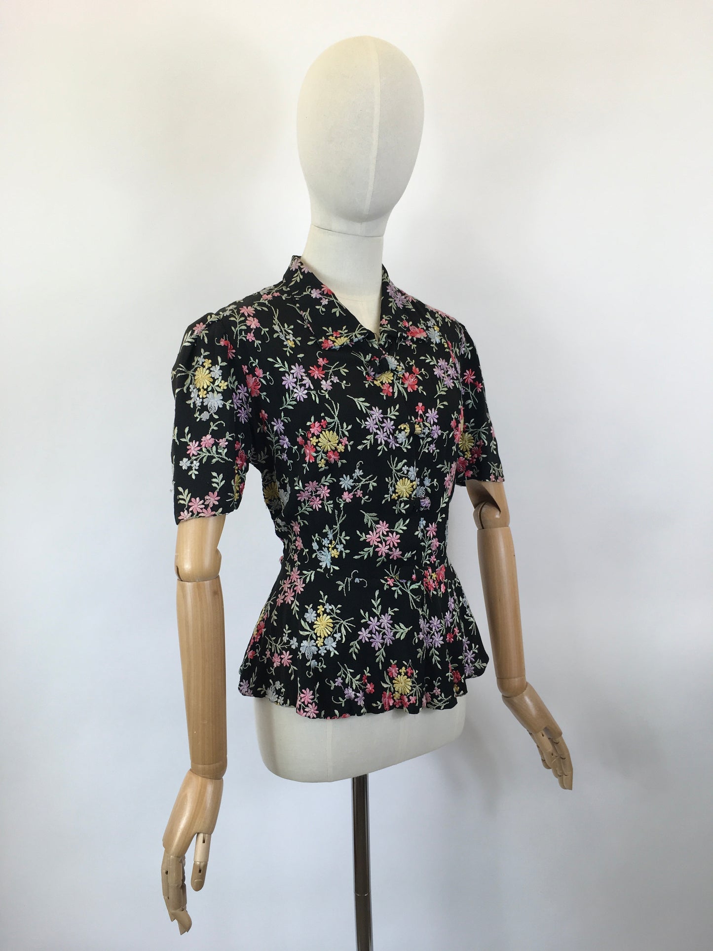 Original 1930’s Black Crepe Embroidered Blouse with Bows - In A Wild Flower Meadow Colour Pallet