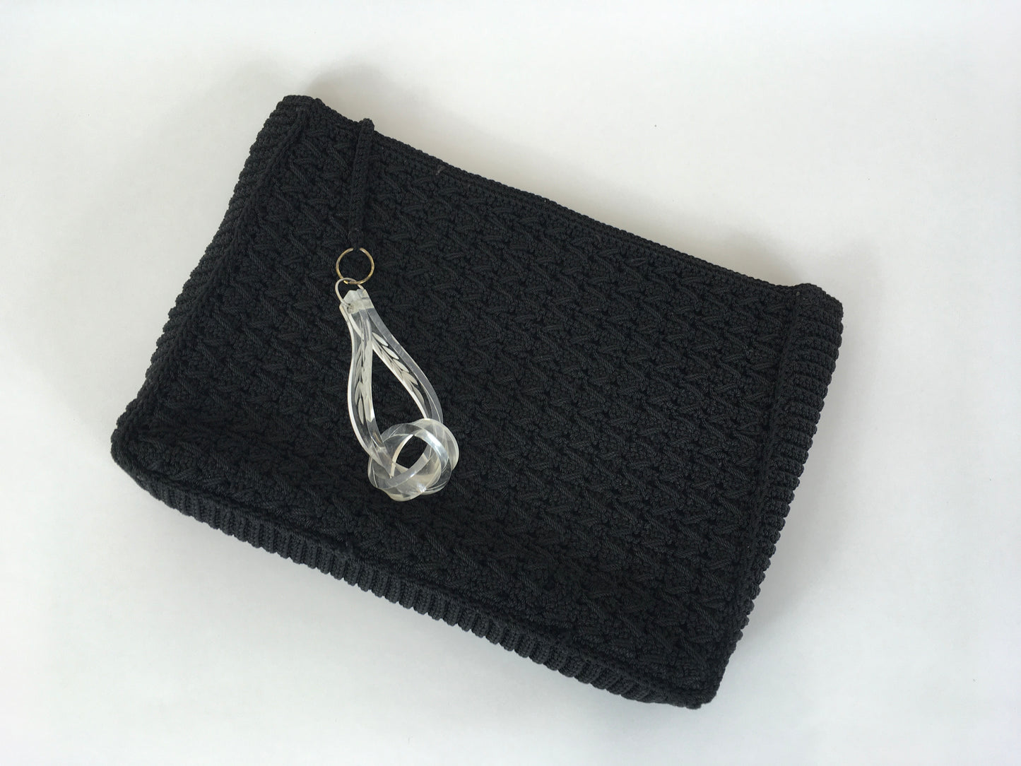 Original 1940’s Beautiful Crochet Clutch Bag in Black - With Large Lucite Pull