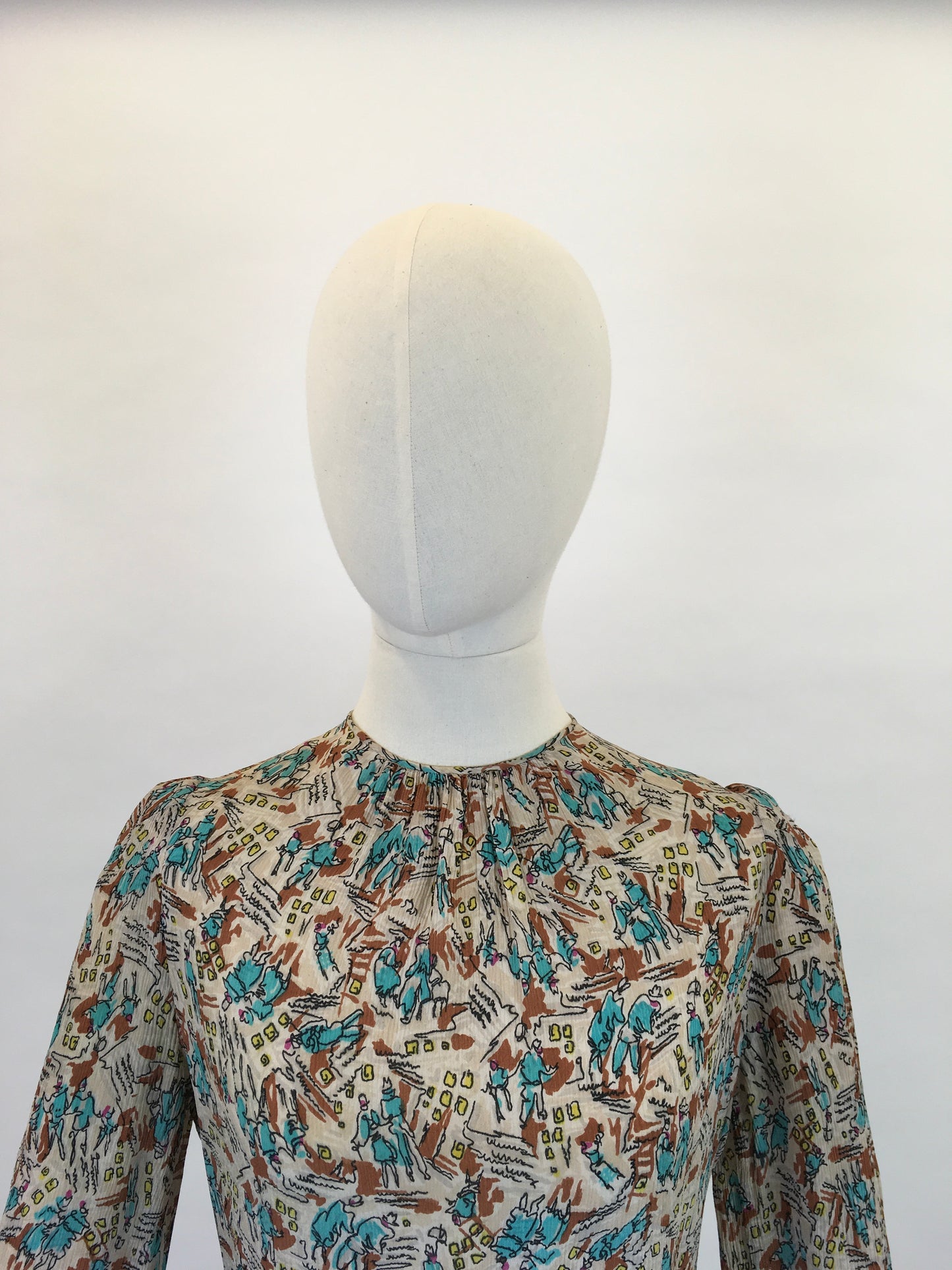 Original 1940’s ‘ Maxton’ Novelty Print Crepe Blouse - Featuring People, Buildings and Scribbles