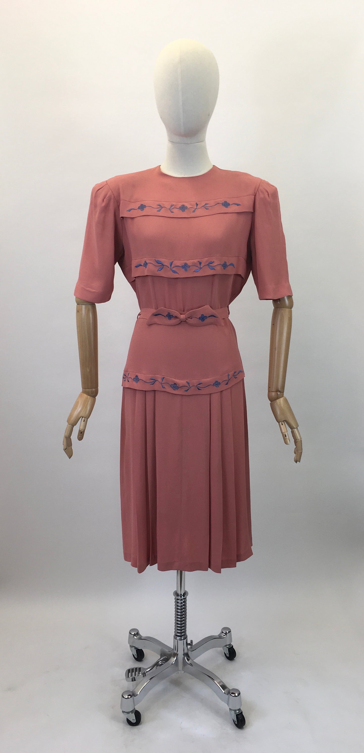 Original 1940's Stunning Blush Crepe Dress with Embroidered Details in Forget Me Not Blue - ' A Frederick Gown Label'