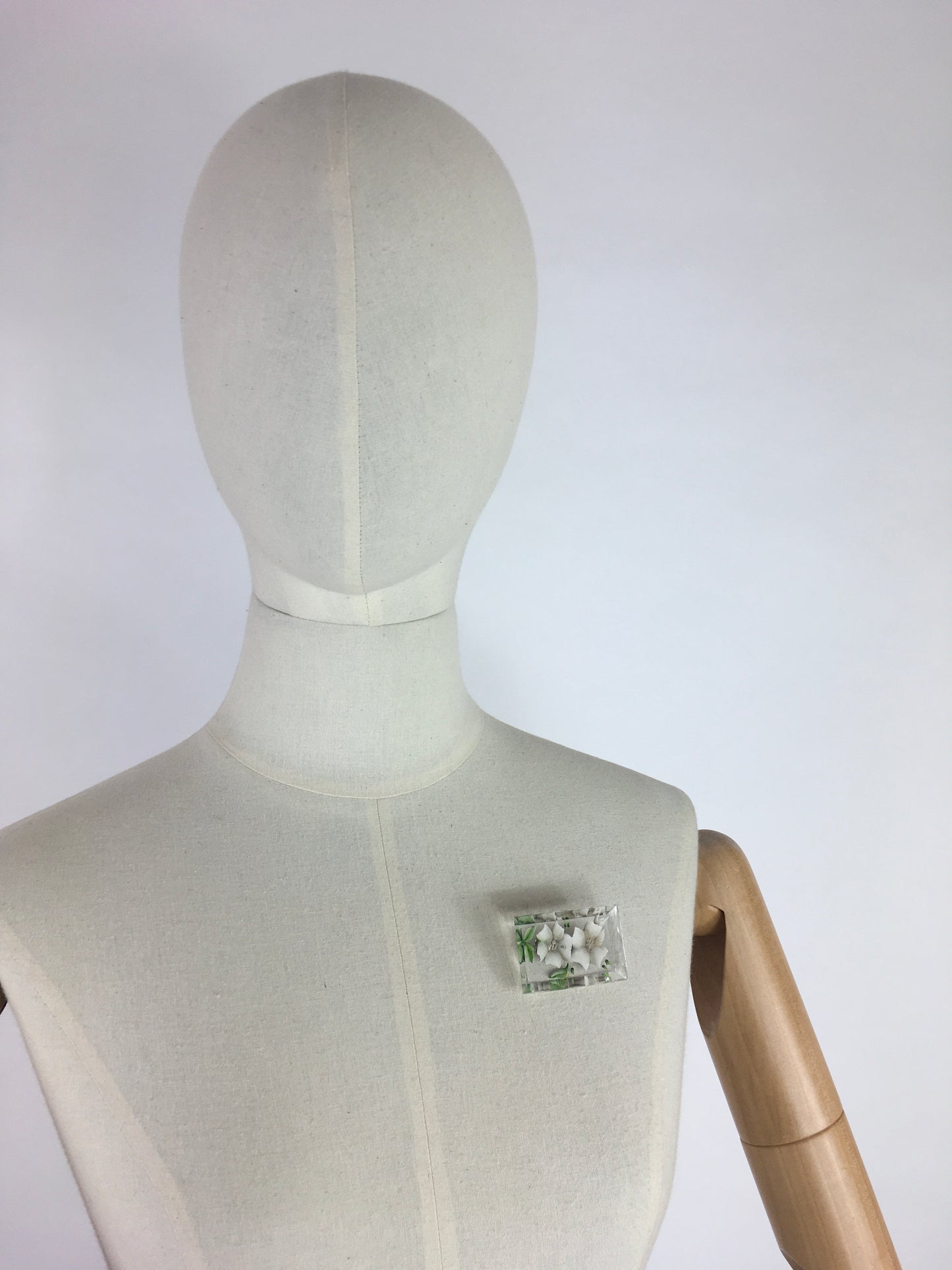 Original 1940’s Rectangle Lucite Brooch - Bevelled Edge with White And Green Floral Design