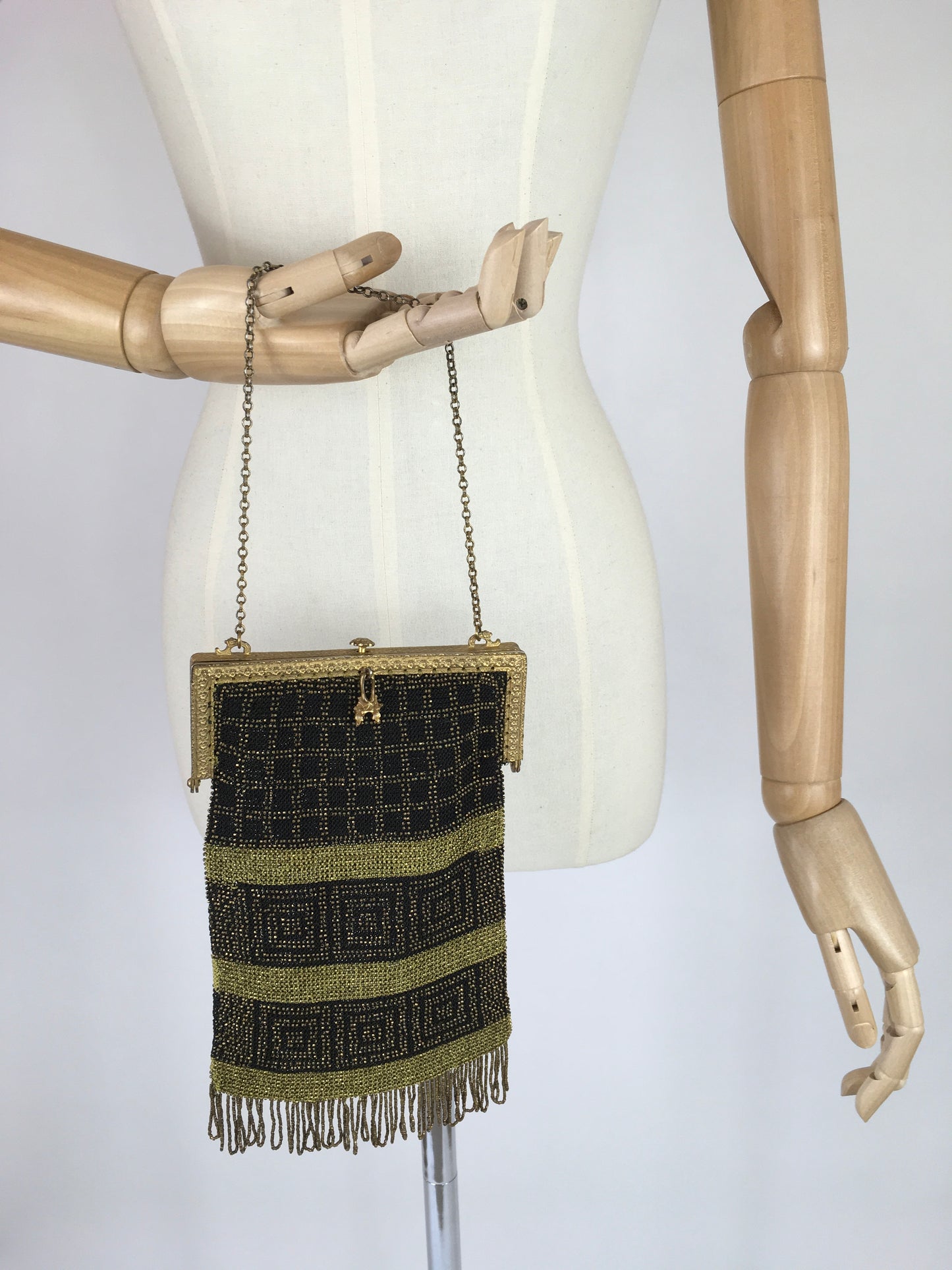 Original 1910s Chain Beaded Bag - In A Lovely Deco Pallet of Black and Gold