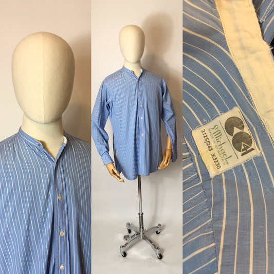 Original 1940’s CC41 Utility St Michael Collarless Shirt - In a Lovely Blue and White Stripe