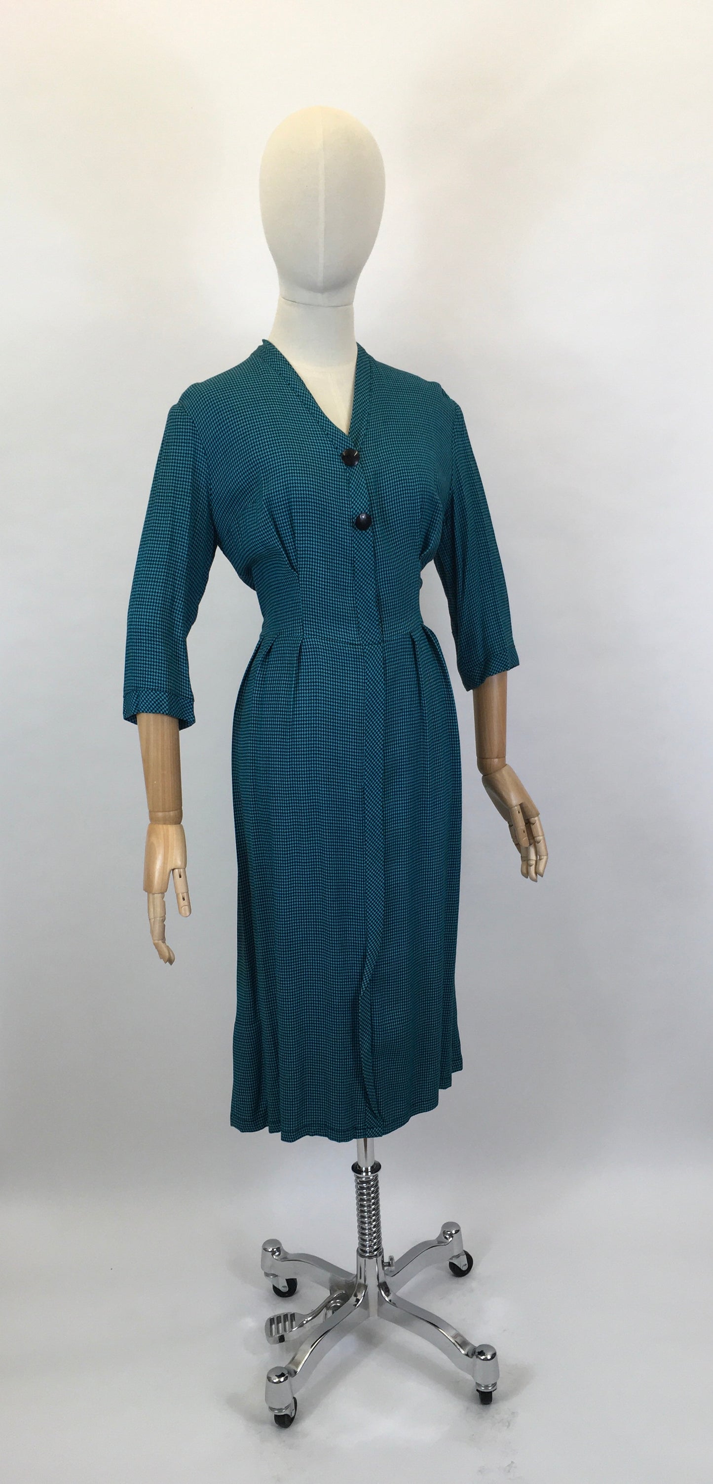 Original Early 1950’s Fabulous Day Dress - In A Lovely Deep Teal Dogtooth Cotton