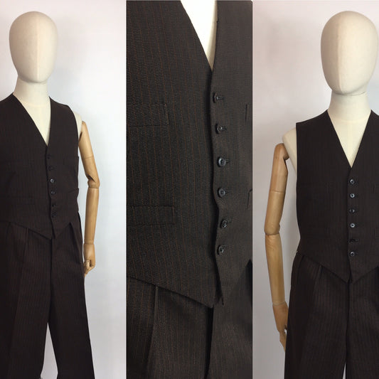 Original 1940’s Gents 2pc Waistcoat and Trousers Set - Made from A Lovely Brown Cloth with Orange Pinstripe