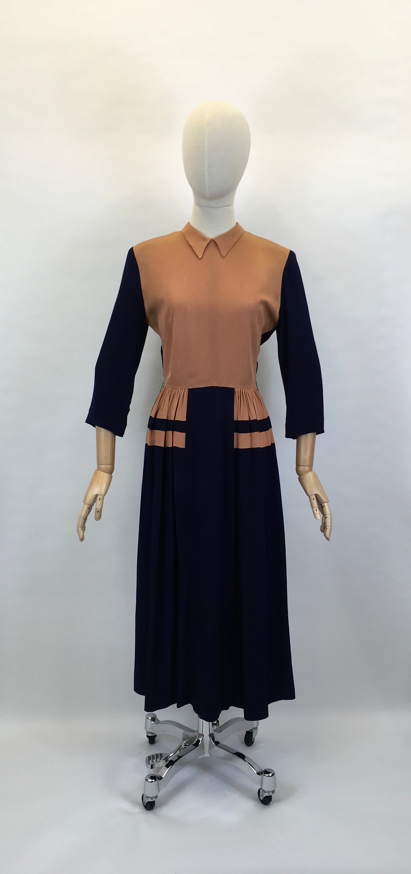 Original 1940’s SENSATIONAL Rayon Crepe Colour Block Dress - In Navy Blue and Soft Cinnamon