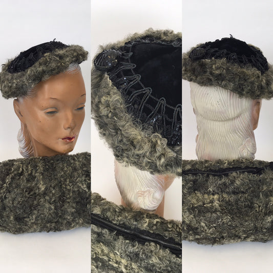 Original 1940s Gorgeous Hat & Muff 2pc Set - In a Lovely Grey Astrakhan and Black Velvet with Trim