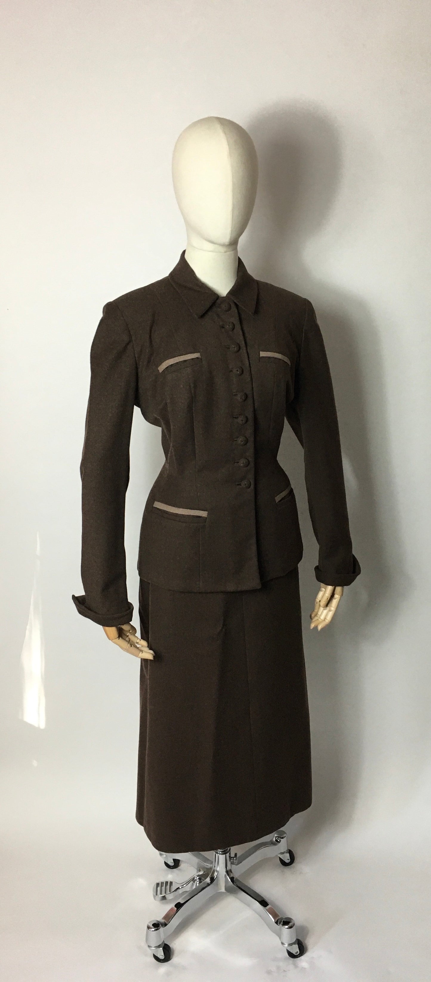 Original 1940’s 2pc Suit in A Lovely Brown Wool, Stunning Detailing and Seamwork