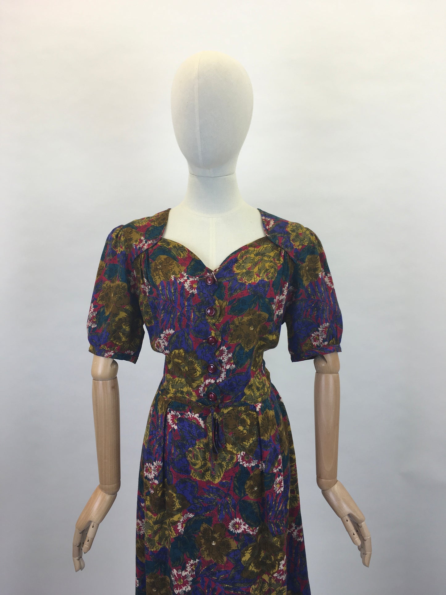 Original 1940s Beautiful Day Dress - In a Lovely Floral in Deep Reds,Mustards, Rich Purples and Stencilled Blacks