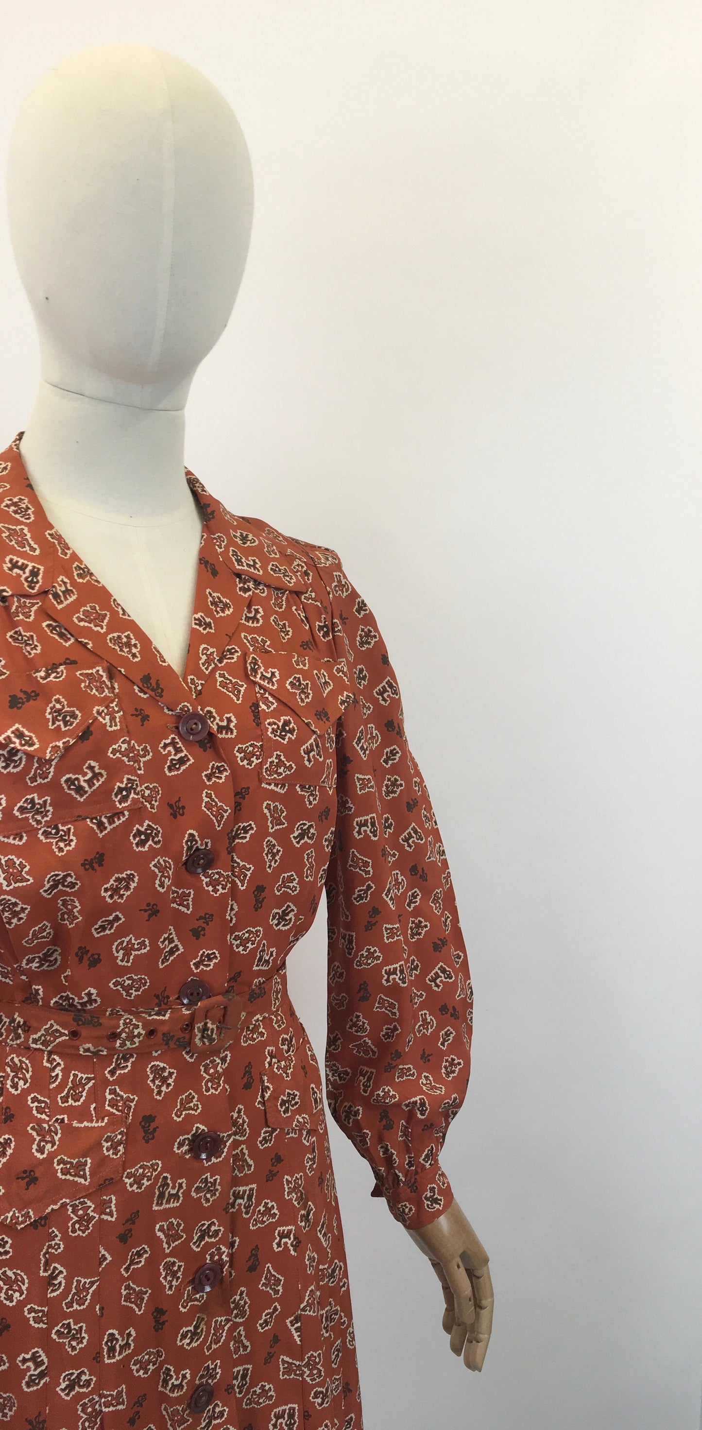 Original 1940's Gorgeous Novelty Print Dress - In A Cinnamon, Black and White Crepe De Chine