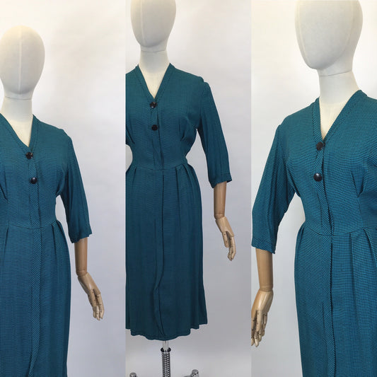 Original Early 1950’s Fabulous Day Dress - In A Lovely Deep Teal Dogtooth Cotton