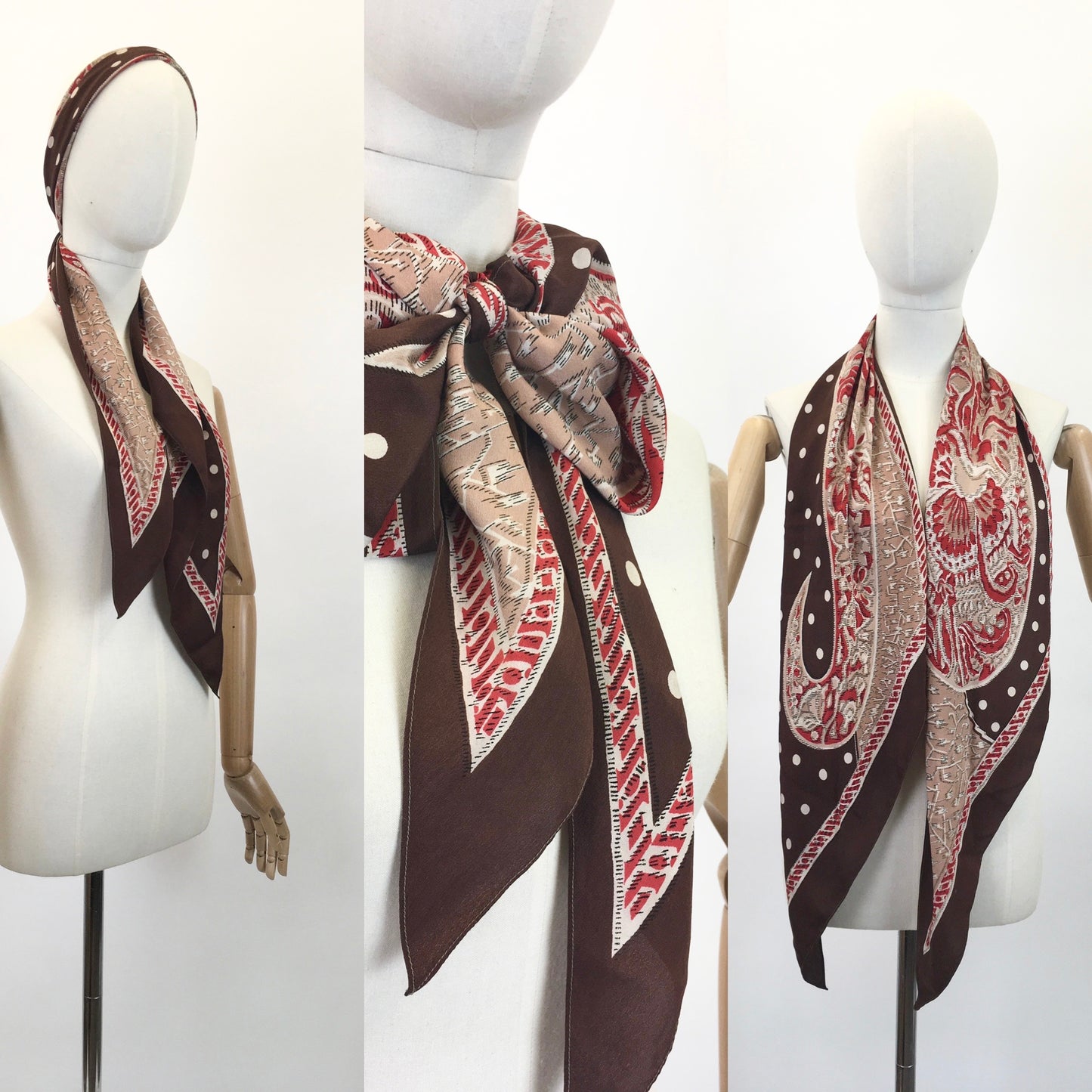 Original 1930's Stunning Art Deco Pointed Scarf - In Browns, Reds, Coffee and Caramel