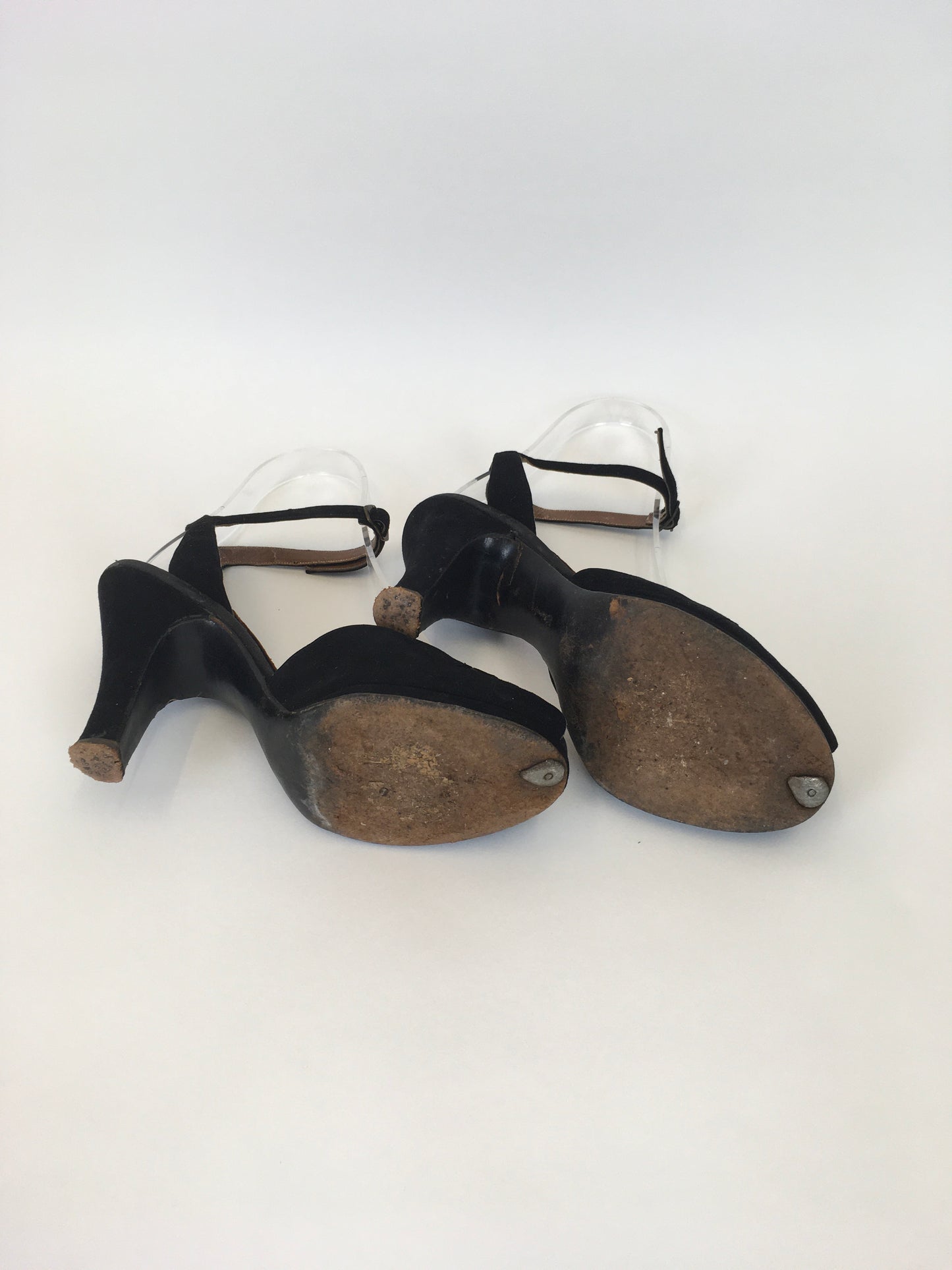 Original 1940s Black Suede Heels - With Peep toe Front Detailing and Buckled Ankle Strap