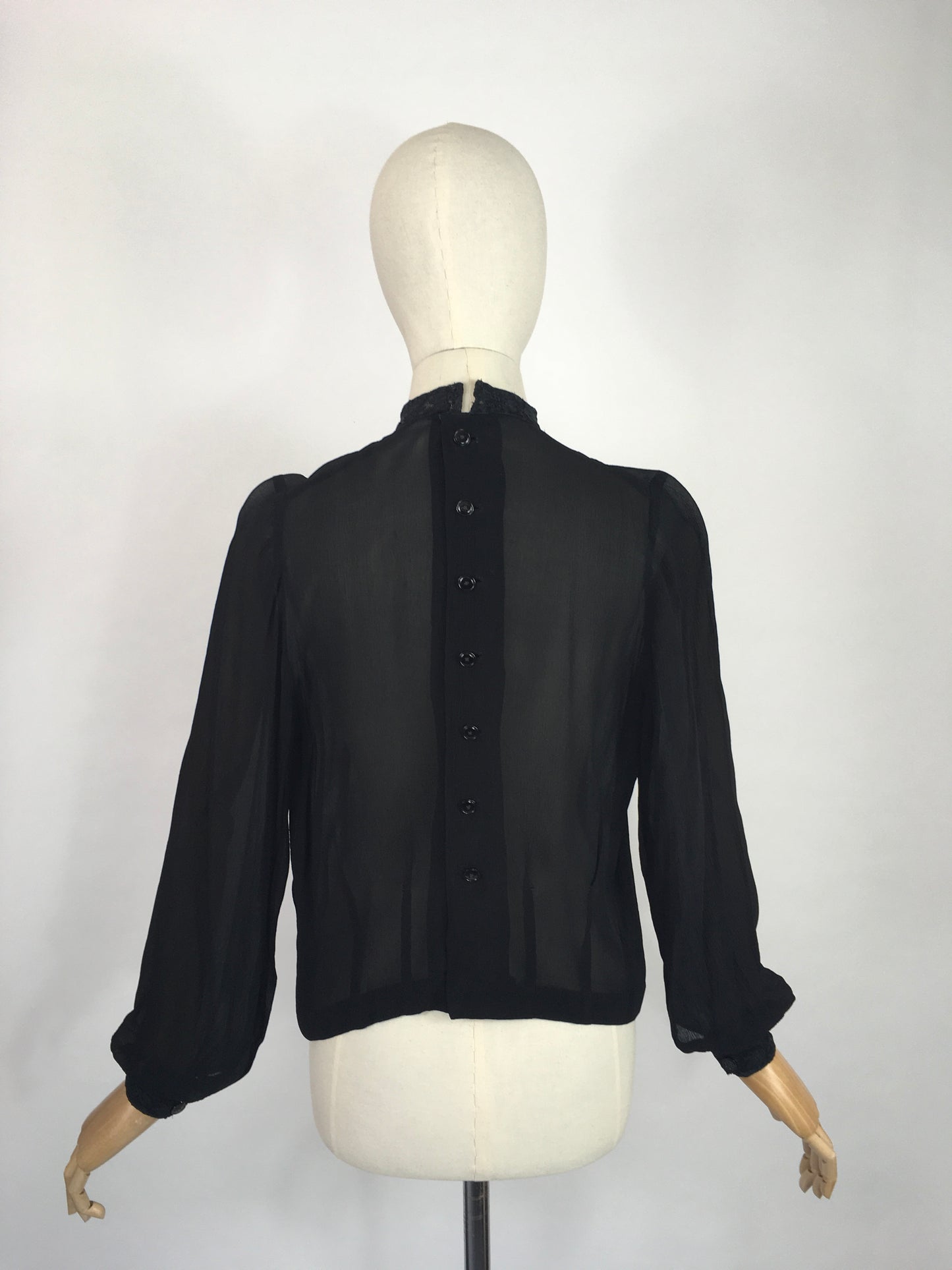 Original 1940’s Darling Sheer Black Blouse - With Beautiful Contrast Lace Detailing