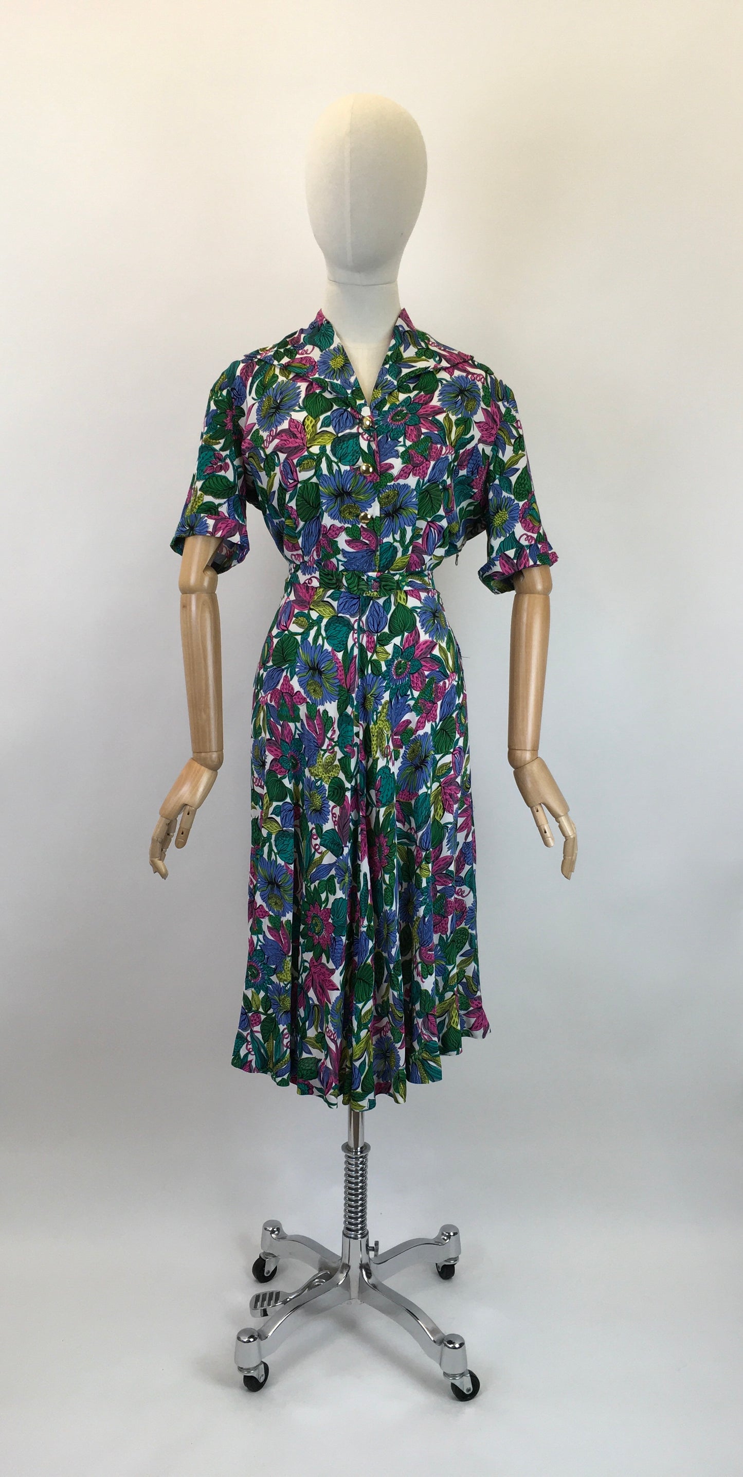 Original 1940's Sensational Floral Rayon Dress - In Fabulous Pops of Greens, Blue, Fuchsia, Chartreuse and Purple
