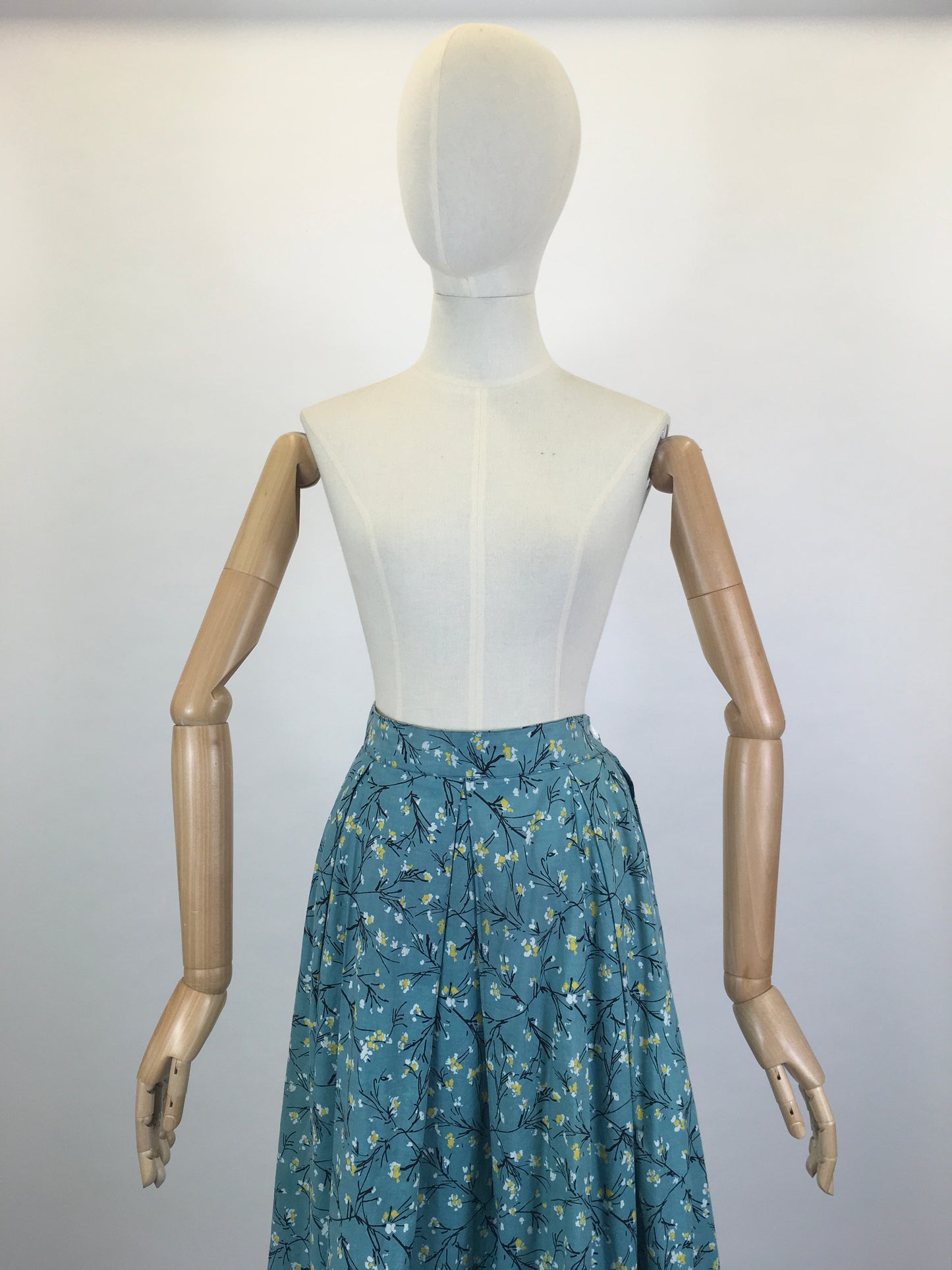 Original 1950’s Homemade Cotton Skirt - In A Lovely Blue, Yellow & Black Floral Print