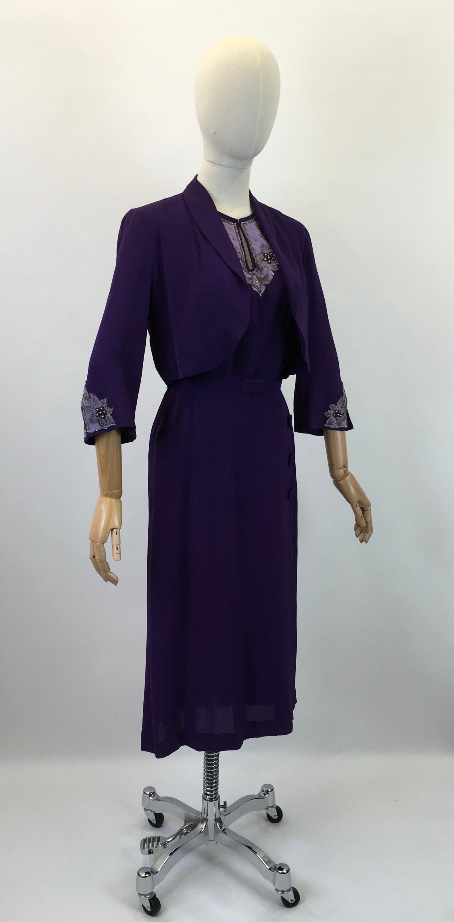 Original 1940's Amazing 3pc Set In Cadbury Purple - With Sensational Beadwork Detailing