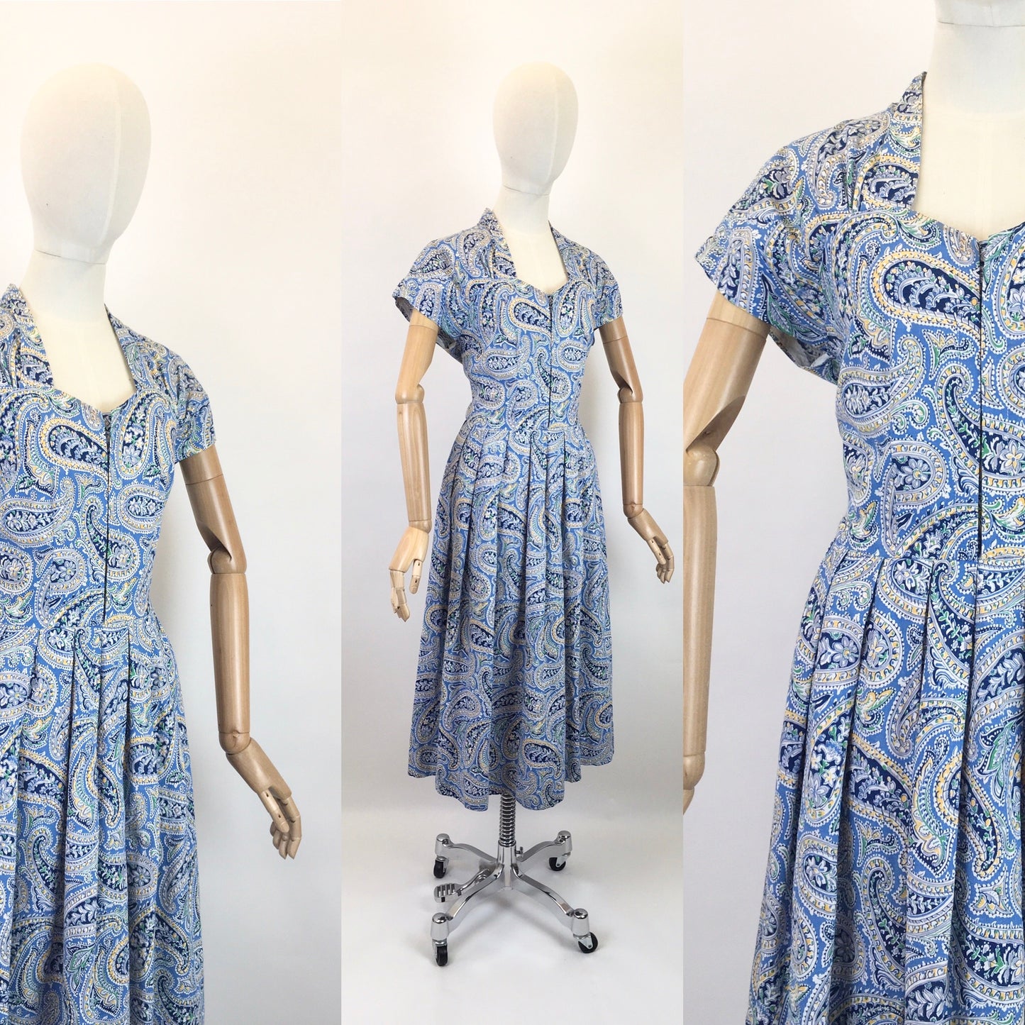 Original Late 1940’s Early 1950’s Cotton Day Dress - In A Paisley Print in Powder Blue, Navy, Yellow and Bottle Green