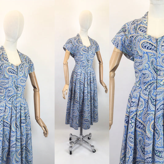 Original Late 1940’s Early 1950’s Cotton Day Dress - In A Paisley Print in Powder Blue, Navy, Yellow and Bottle Green