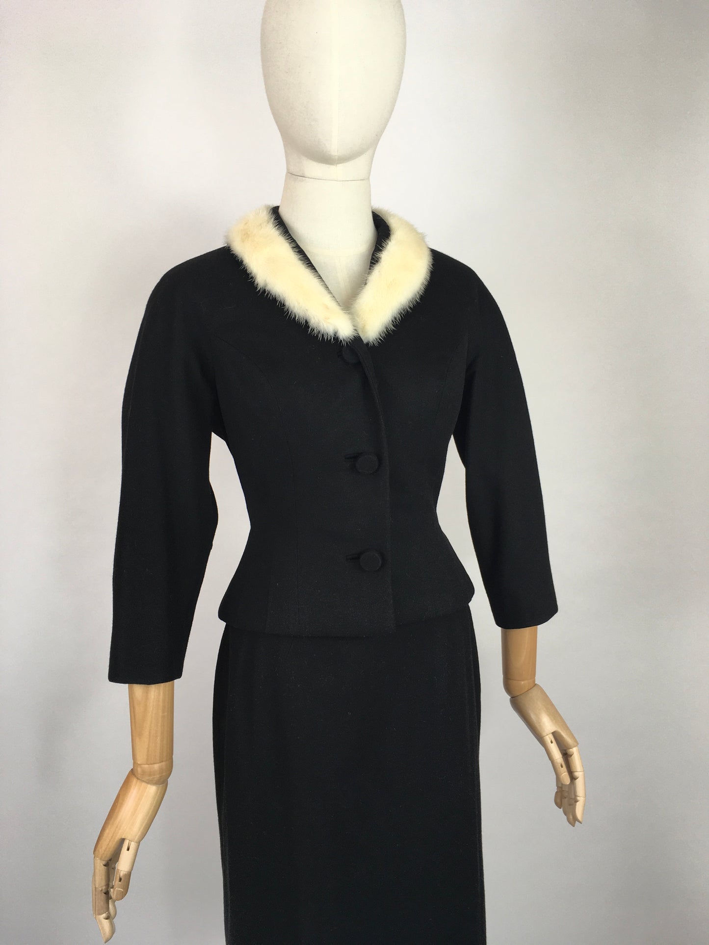 Original Early 1950s 2pc Suit with an Amazing Silhouette  - In a Lovely Black Wool with Contrast White Mink Fur Trim