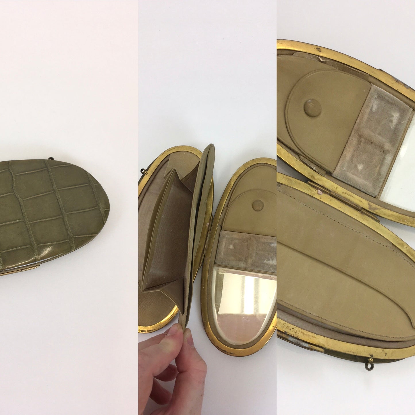Original 1930s Beautiful Evening Purse / Compendium Bag - In a Soft Olive Green with Fabulous Interior