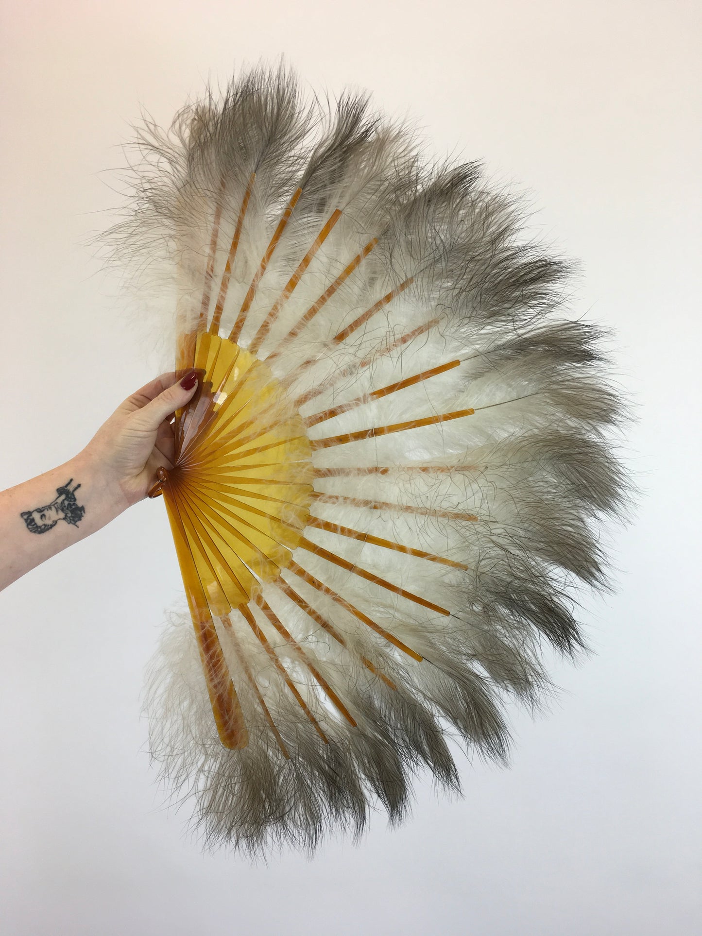 Original 1930's Amazing Feather Fan - With 20 Guards and Sticks in Amber Coloured Early Plastic