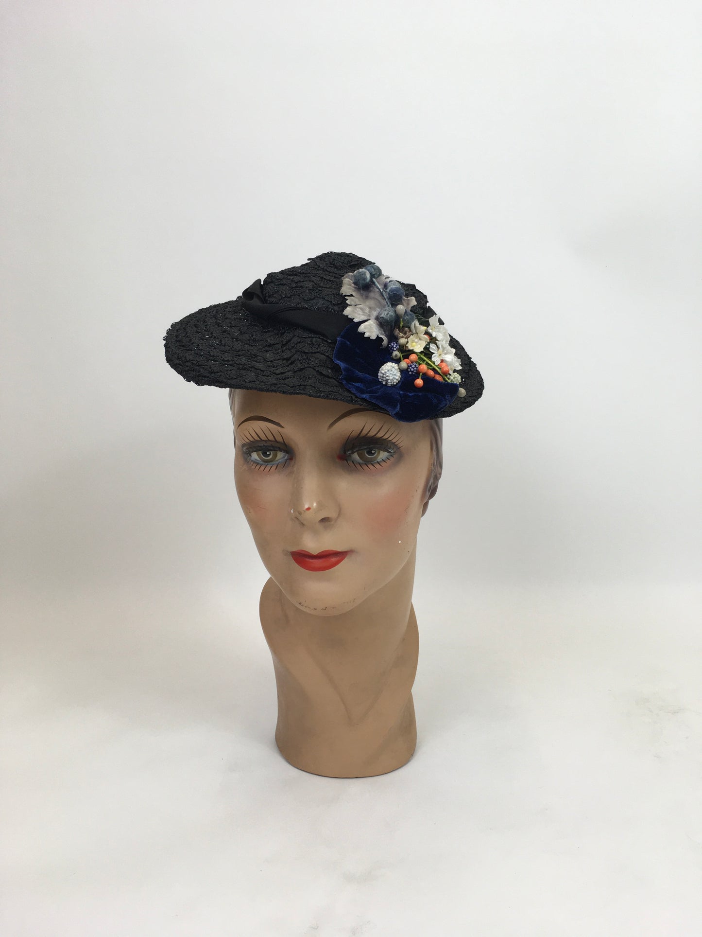 Original 1930's Fabulous Tilt Hat - In Black Straw with Silk Velvet/ Silk and Floral Millinery Adornments
