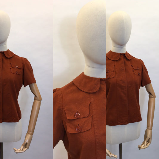 Original 1940’s Rust Blouse - Featuring Amazing Pocket Detailing & Collar