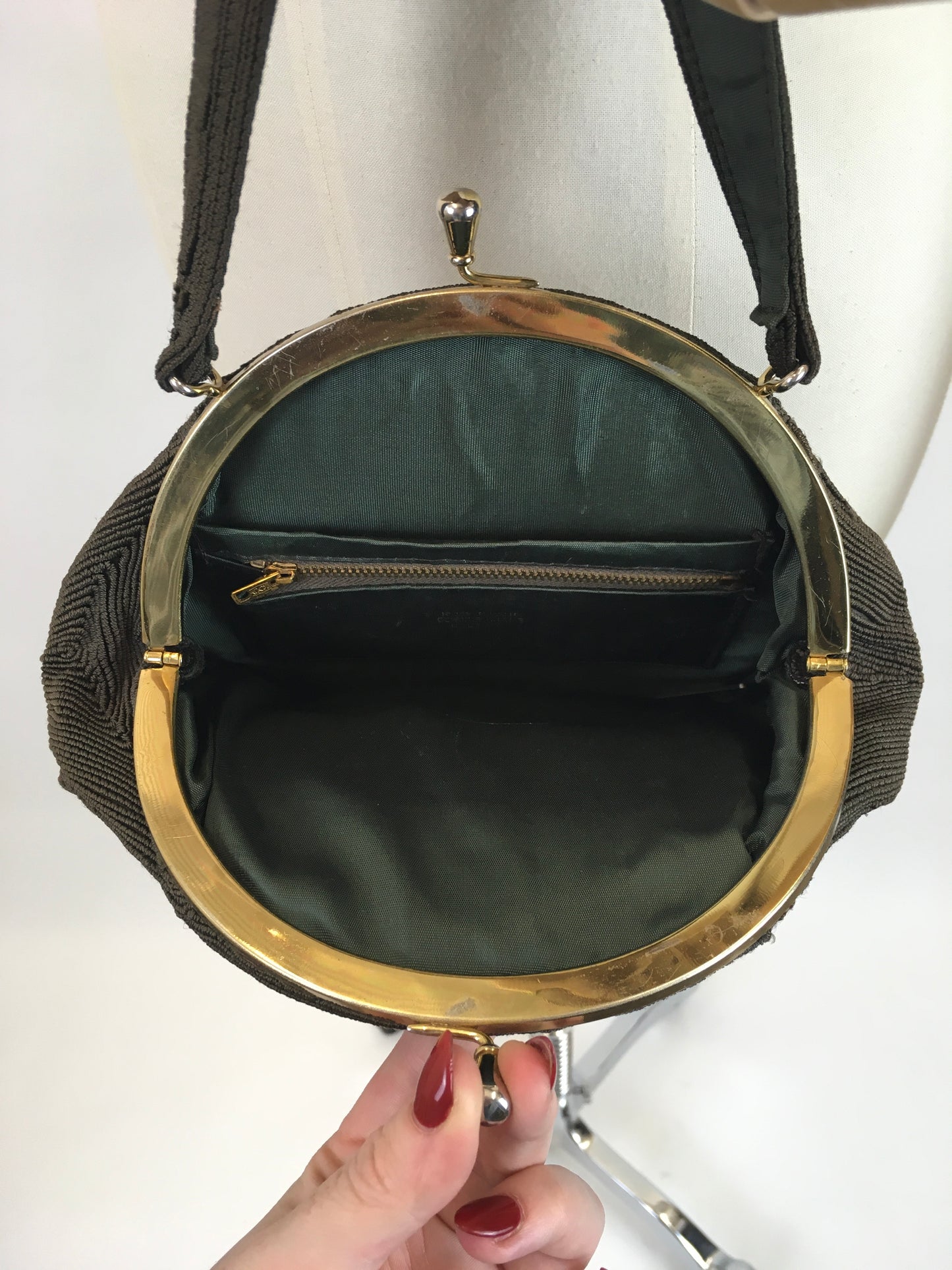 Original 1940’s Dark Brown Corde Handbag - With Exquisite Floral Motif