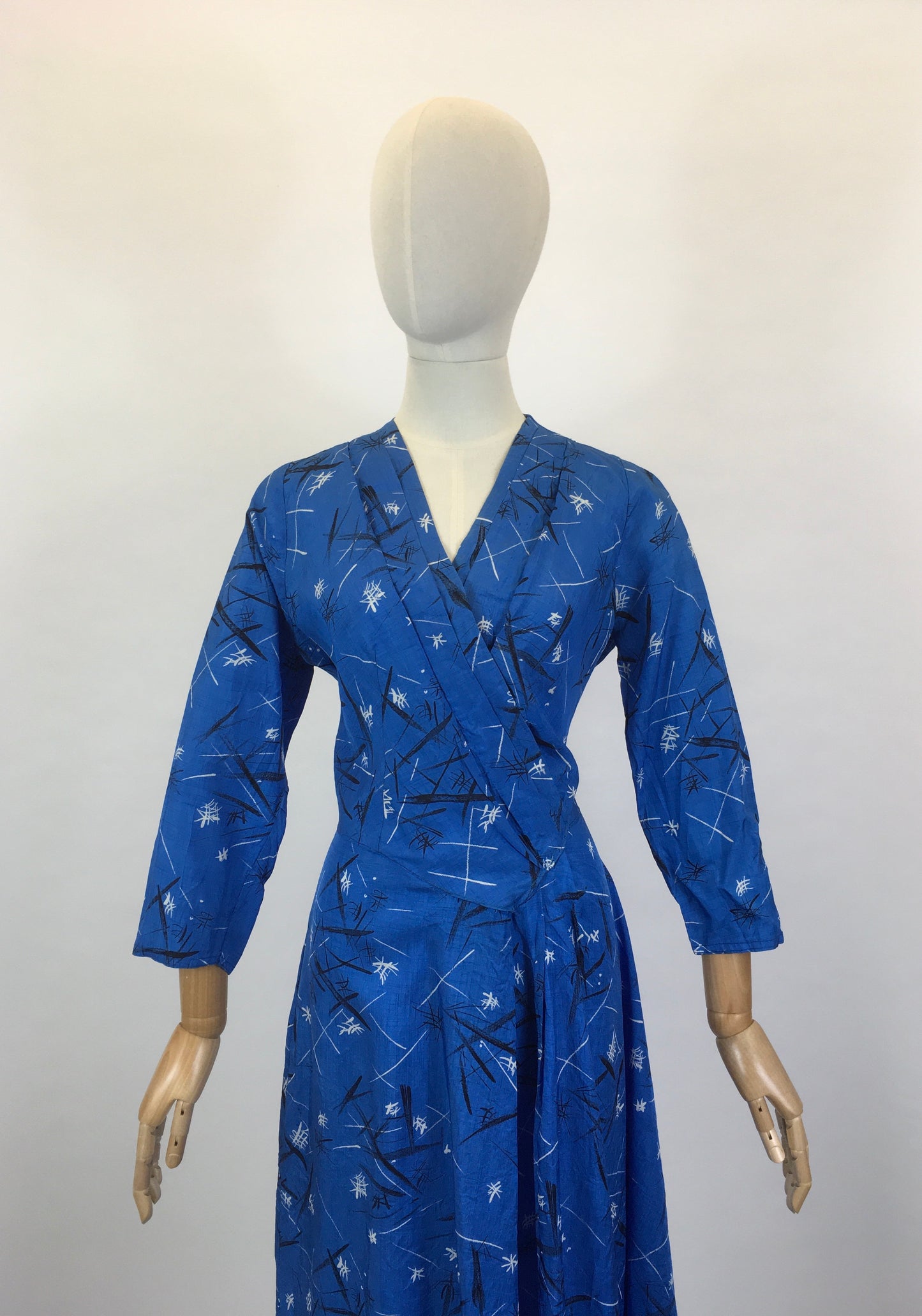 Original 1950’s Fabulous Blue Frock - In An Abstract Print Silk Sateen