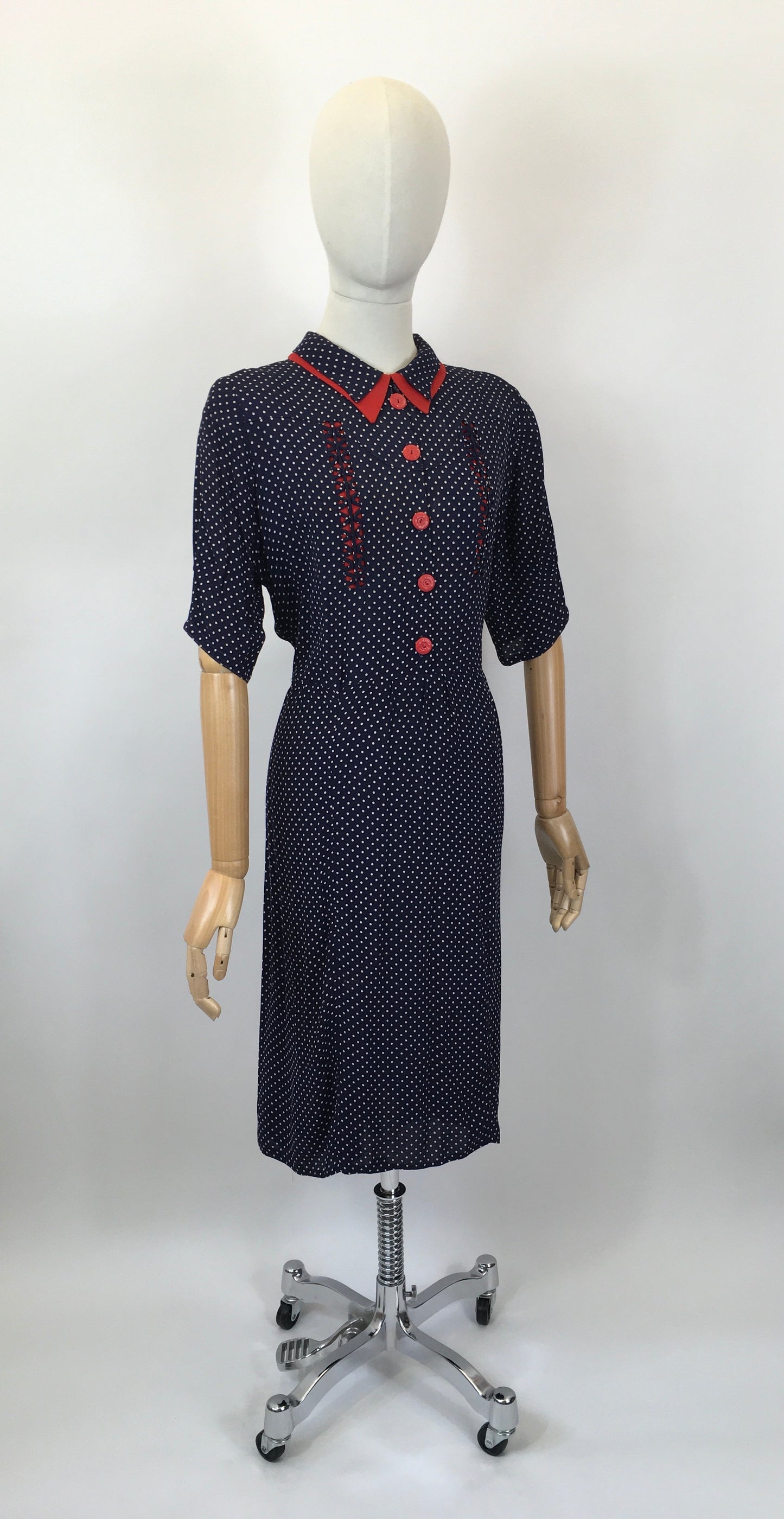 Original 1940's Sensational Volup Rayon Dress - In Navy, White & Red with Contrast Fretwork Embelishment