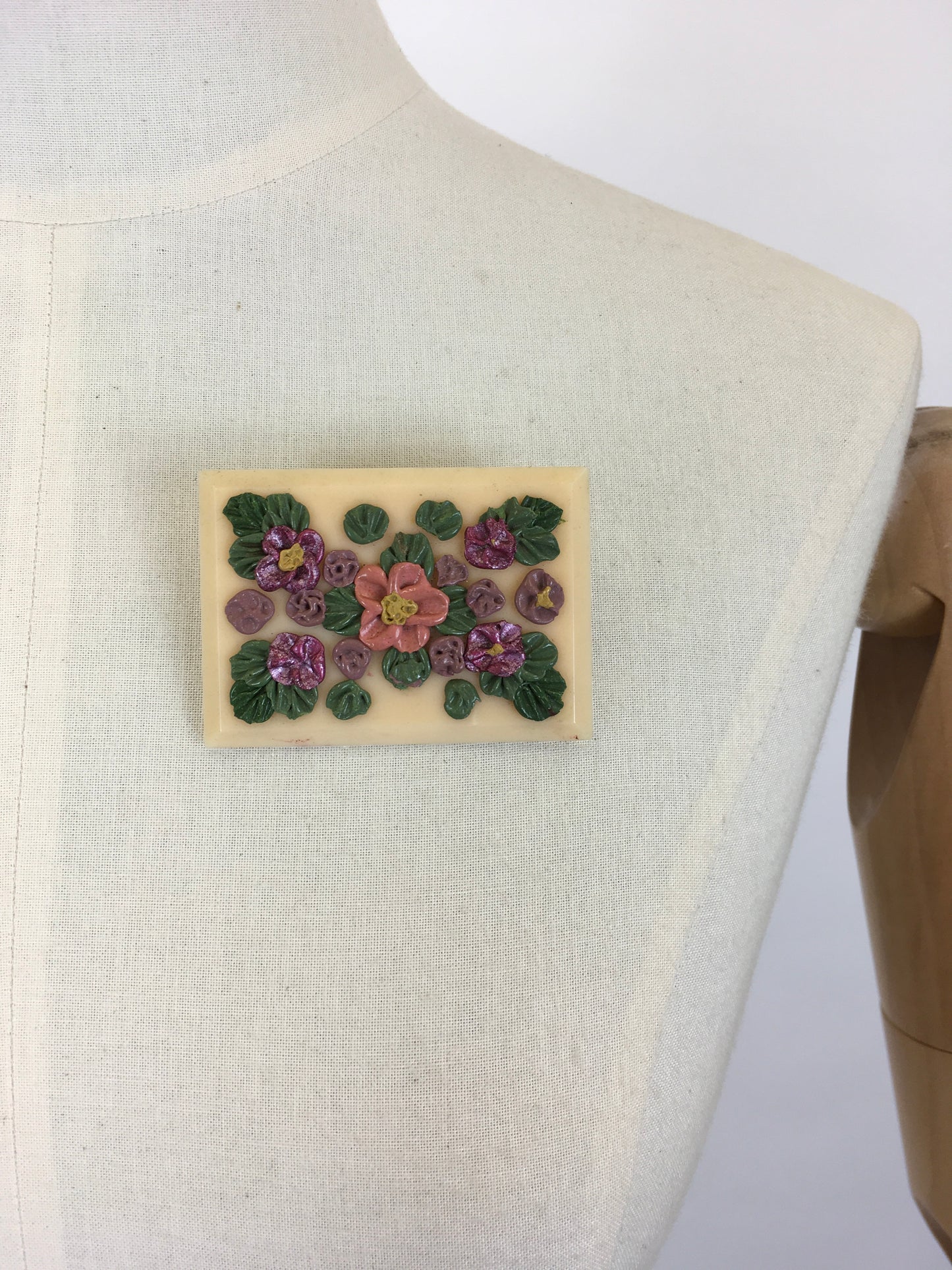 Original 1940’s Beautiful Soft Pink Lucite Brooch - With Hand-painted Flowers in Pinks, Violets and Green