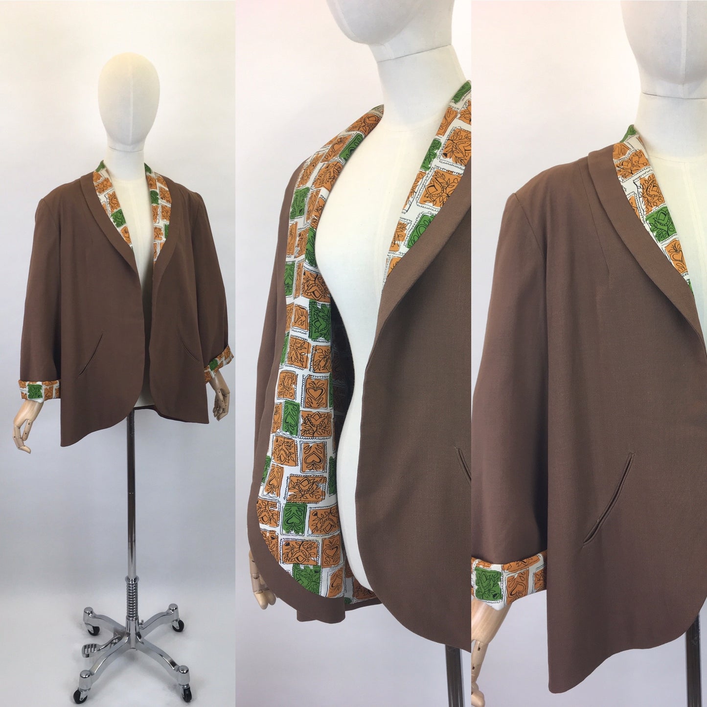 Original 1940s Brown Linen Swing Jacket - With a Fabulous Contrast Rayon Lining in Bright Oranges and Greens