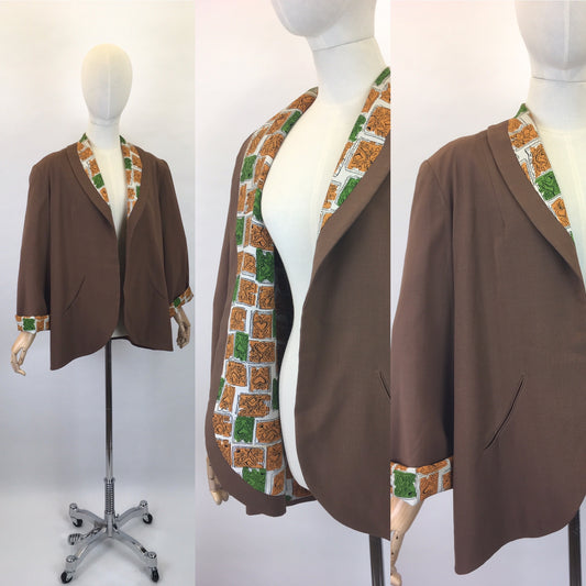 Original 1940s Brown Linen Swing Jacket - With a Fabulous Contrast Rayon Lining in Bright Oranges and Greens