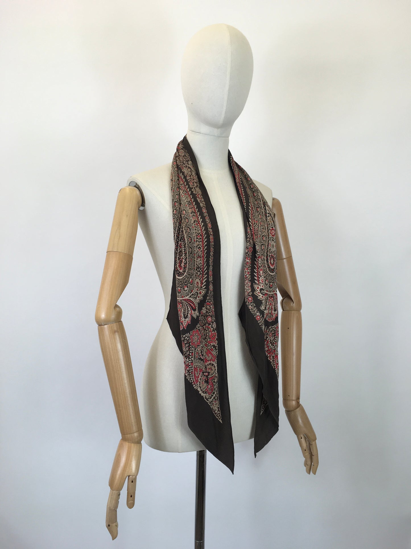 Original 1930's Stunning Deco Pointed Scarf  - In Autumnal Warm Browns, Creams & Berries