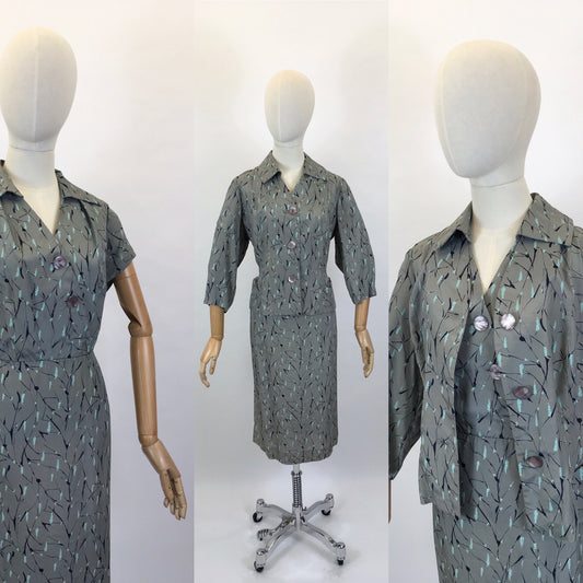 Original 1950’s Fabulous 2pc Dress & Jacket Set - In A Lovely Slate Grey with Turquoise and Black Print