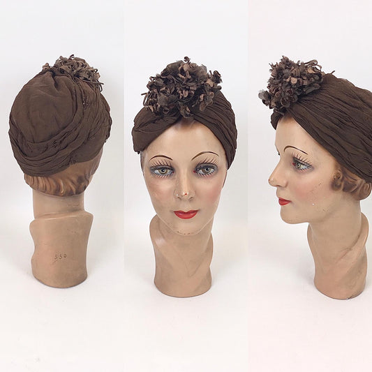 Original 1940’s Fabulous Turban Hat by ‘ Harrods’ - In Chocolate Brown Chiffon with Velvet Millinery