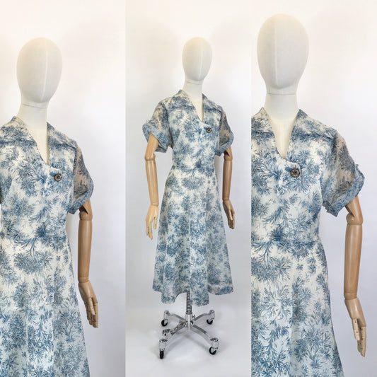 Original Early 1950’s Sheer Nylon Floral Dress - In A Lovely Soft Blue Floral