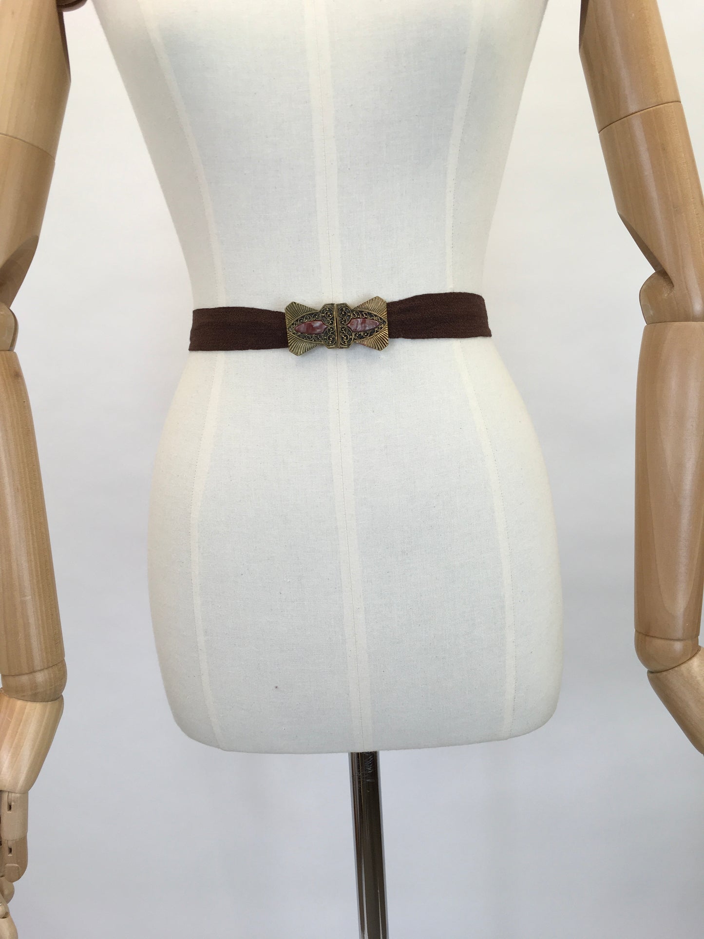 Original 1930s Deco Belt - With Deco Metal Buckle and Warm Brown Crepe Banding