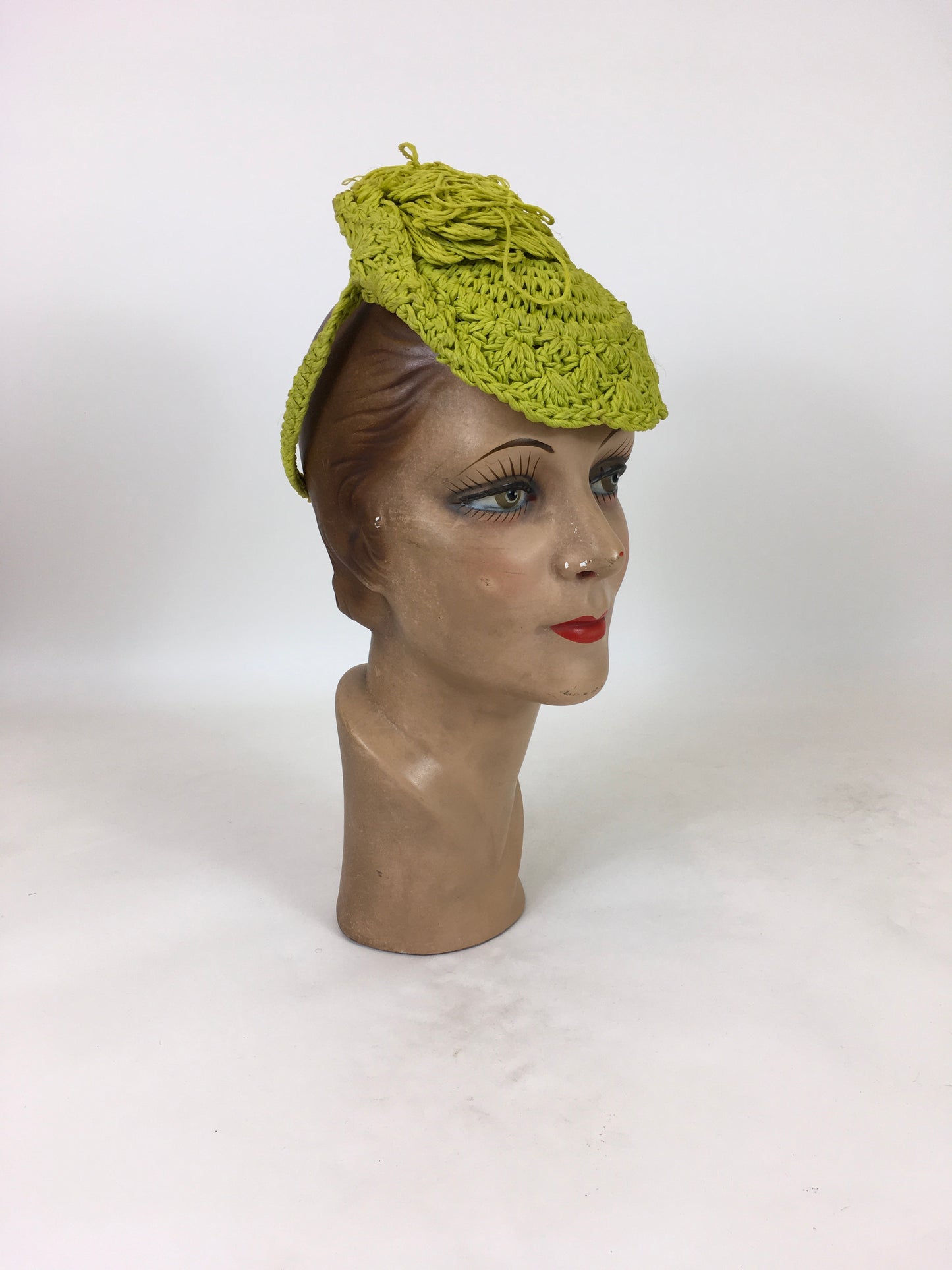 Original 1940's Fabulous Popcorn Crochet Headpiece - In A Sublime Chartreuse