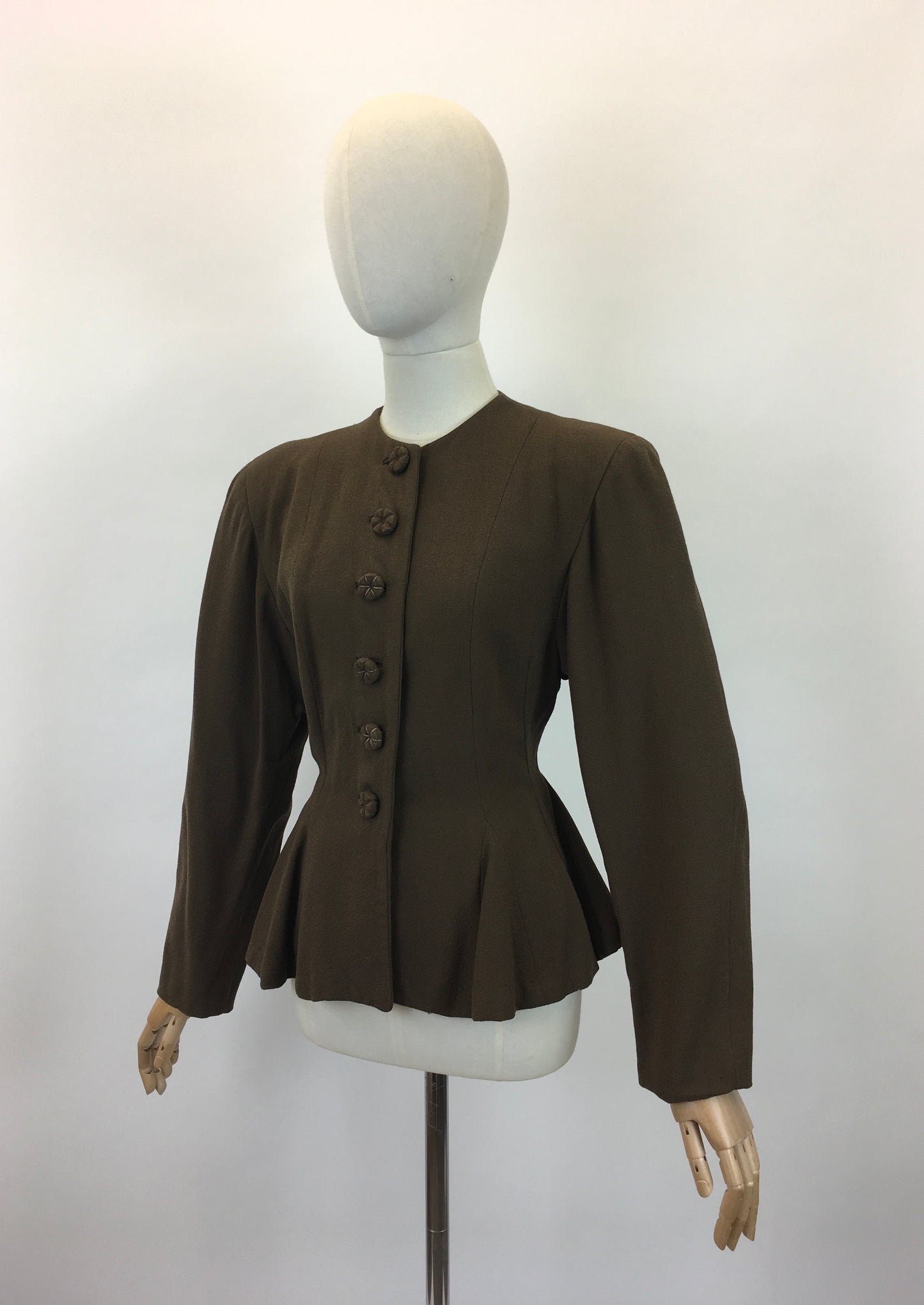 Original 1940's Stunning Crepe Jacket With Peplum - In Chocolate Brown with Flower Petal Buttons