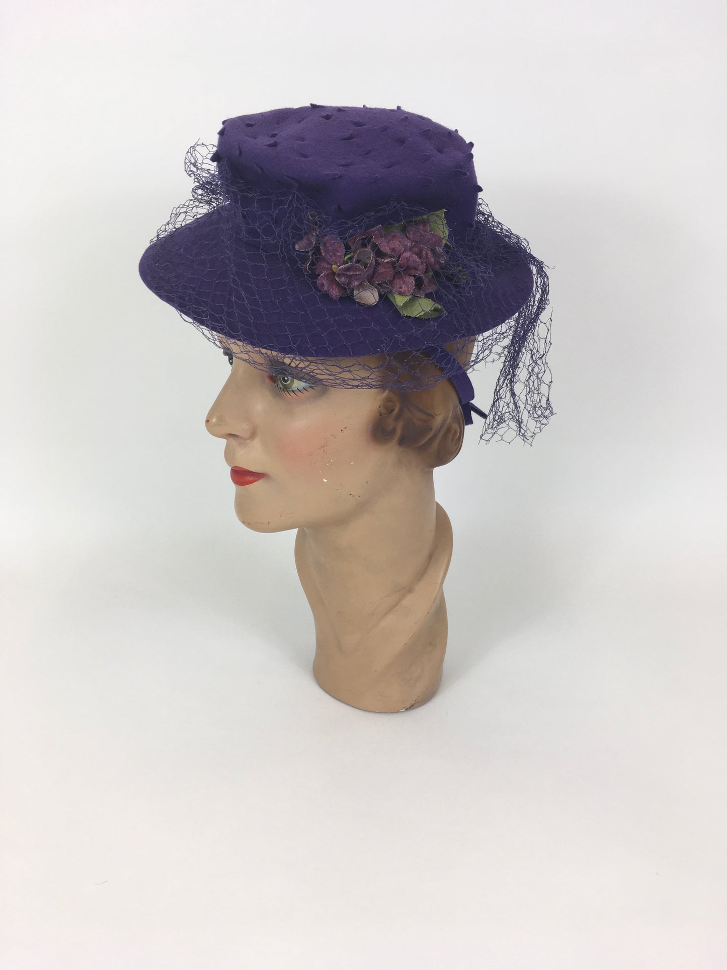 Original 1940’s SENSATIONAL Cadbury Purple Felt Topper Hat - With Cutwork Detailing, Millinery Flowers and Veiling