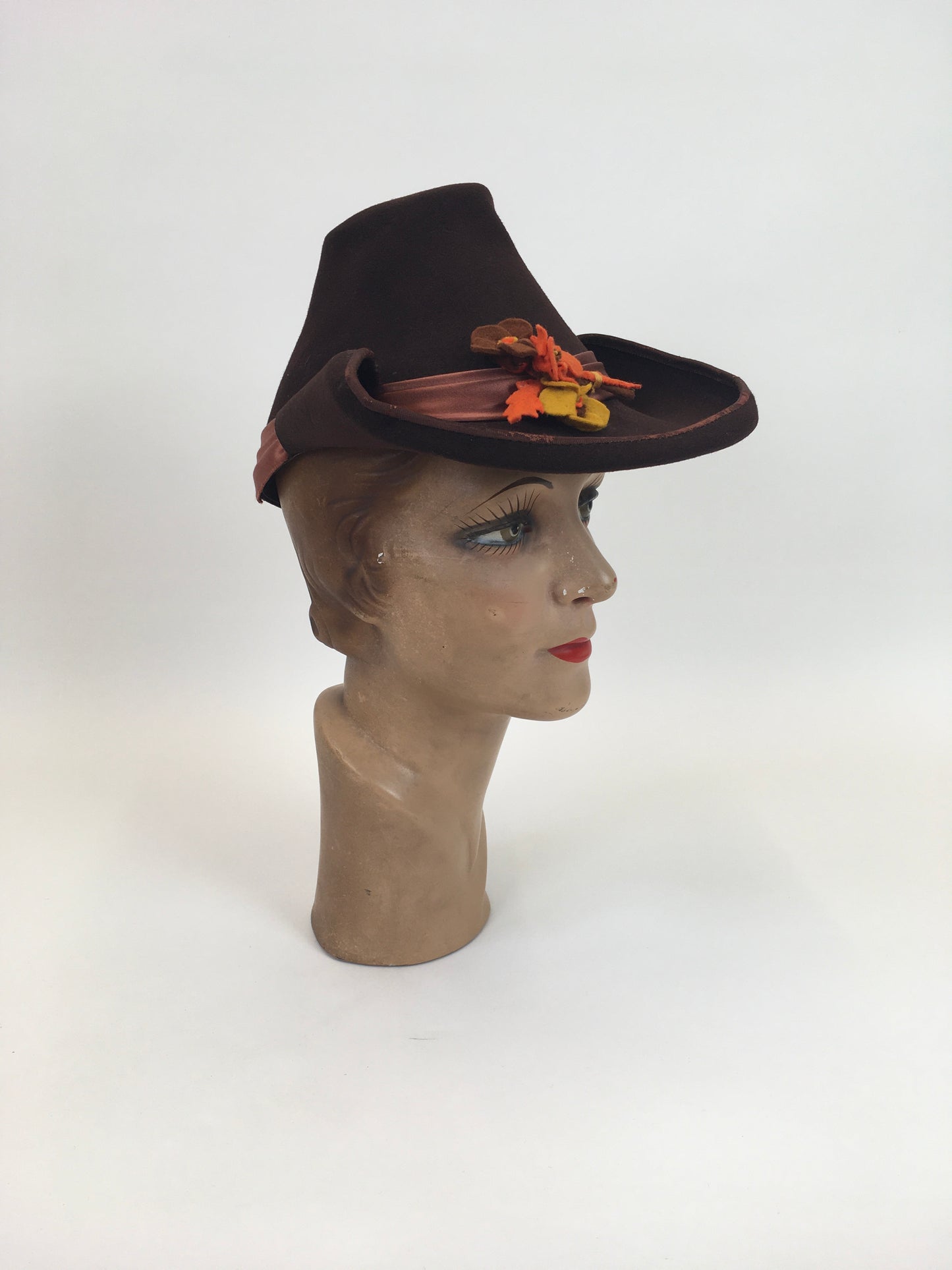 Original 1940's Sensational Fedora Hat With Funnel Top - In Warming Brown With Make Do And Mend Floral